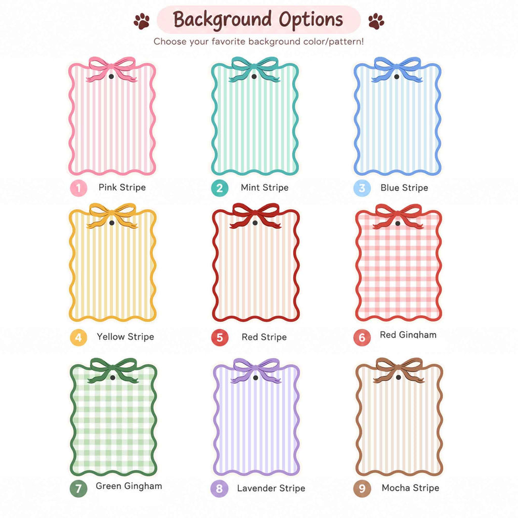 May include: A collection of nine rectangular scalloped tags with bows, featuring various patterns and colors including pink, mint, blue, yellow, and red stripes, red and green gingham, lavender, and mocha stripes, labeled with numbers one through nine.