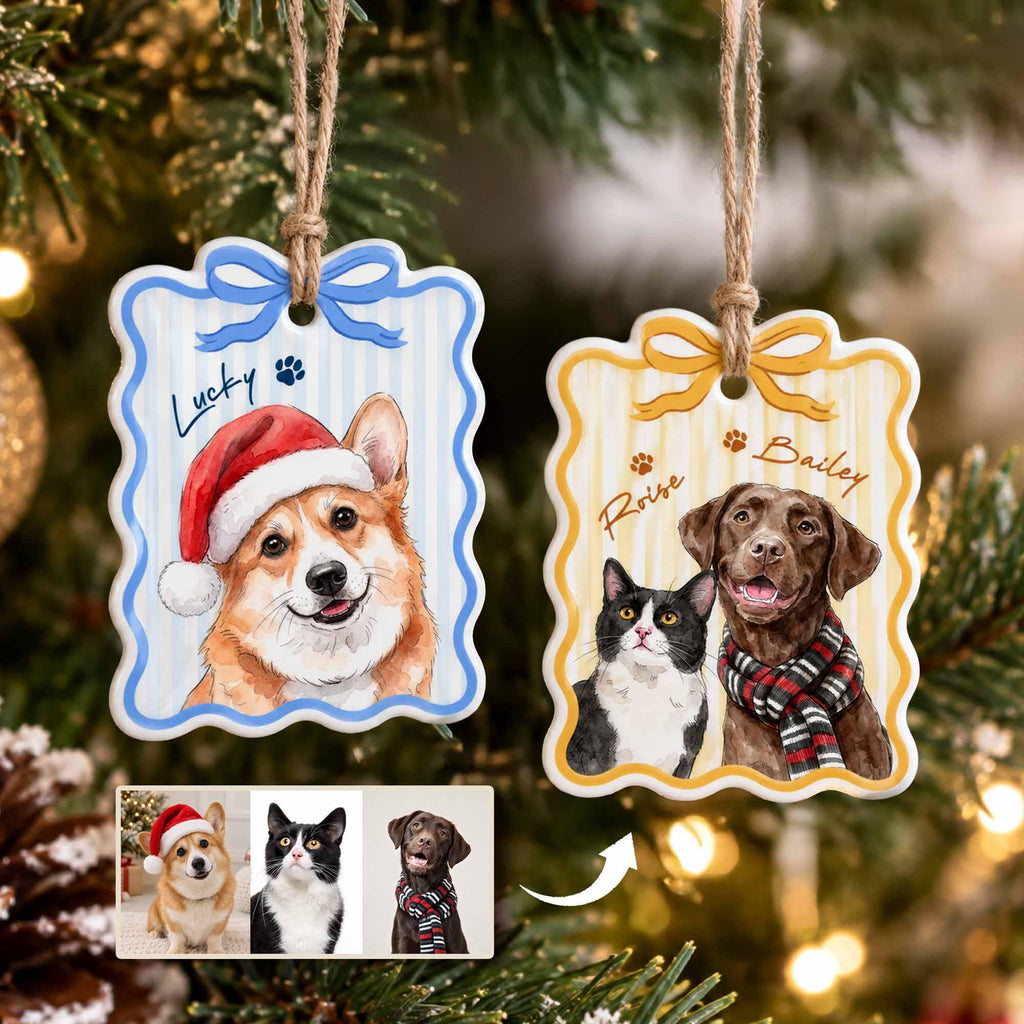 May include: Two rectangular ceramic ornaments with scalloped edges and jute twine hangers. The left ornament features a Corgi in a Santa hat with the text Lucky. The right ornament shows a black and white cat and a brown dog with the text Roise Bailey.