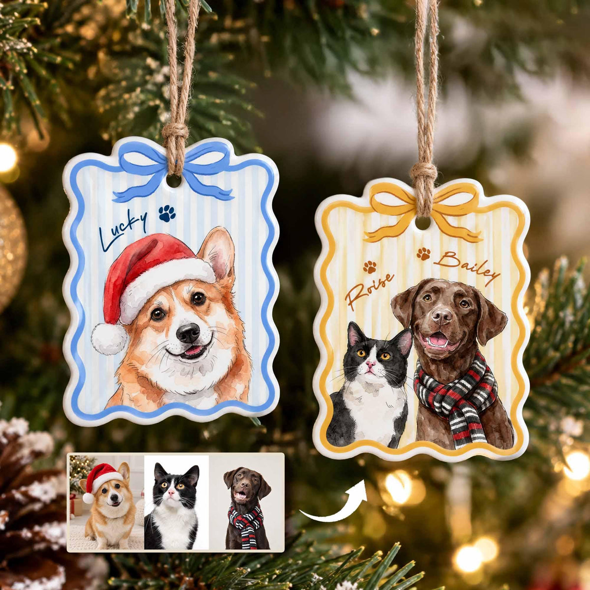 May include: Two rectangular ceramic ornaments with scalloped edges and jute twine hangers. The left ornament features a Corgi in a Santa hat with the text Lucky. The right ornament shows a black and white cat and a brown dog with the text Roise Bailey.