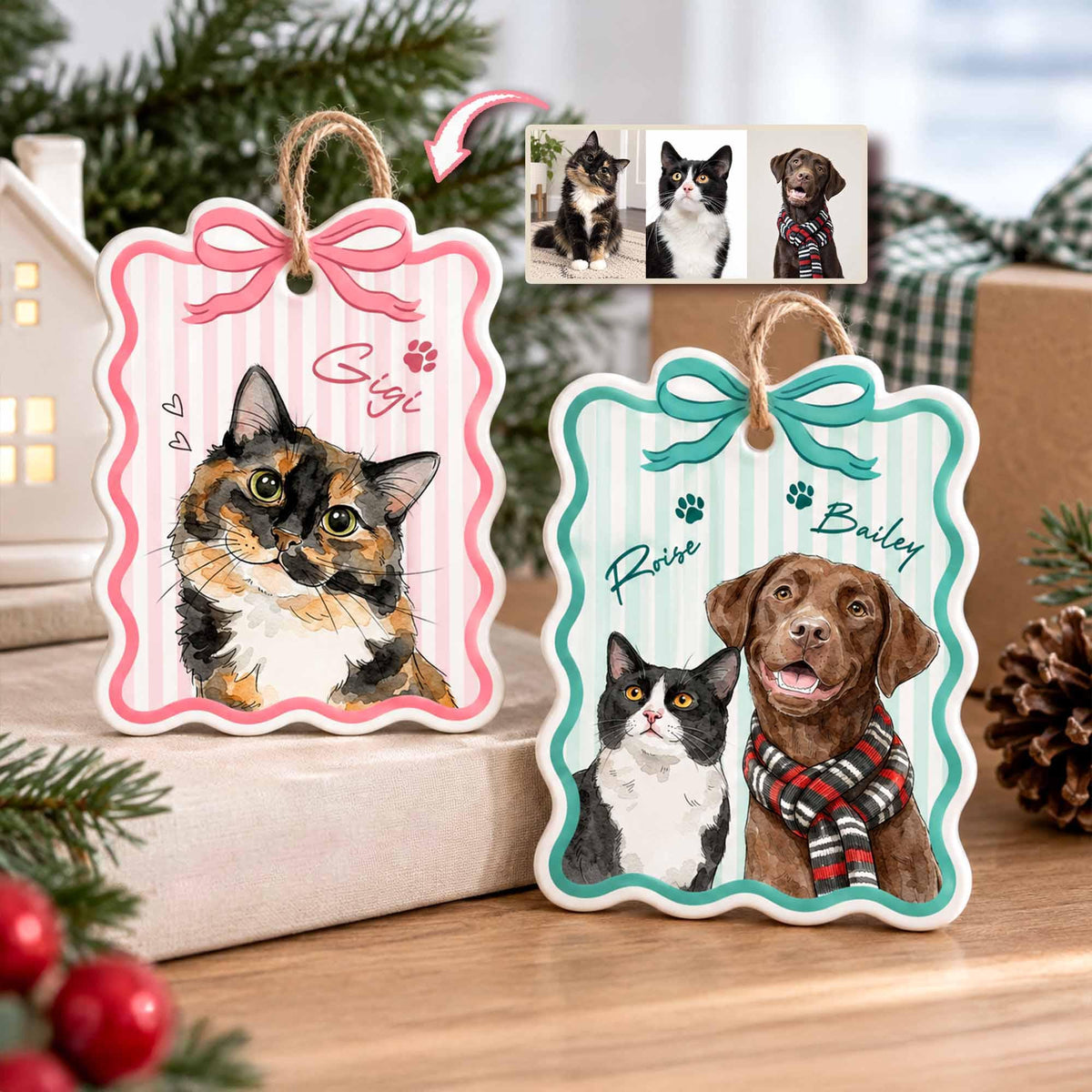 May include: Two rectangular ceramic ornaments with scalloped edges and jute hanging loops. One features a calico cat with the name Gigi, the other a black and white cat and a brown dog wearing a plaid scarf with the names Roise and Bailey.
