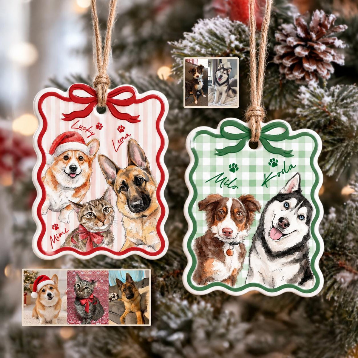 May include: Two rectangular ceramic ornaments with scalloped edges and jute twine hangers. The left ornament features a red bow, pink stripes, and illustrations of a Corgi, a cat, and a German Shepherd with the names Lucky, Mimi, and Luna.