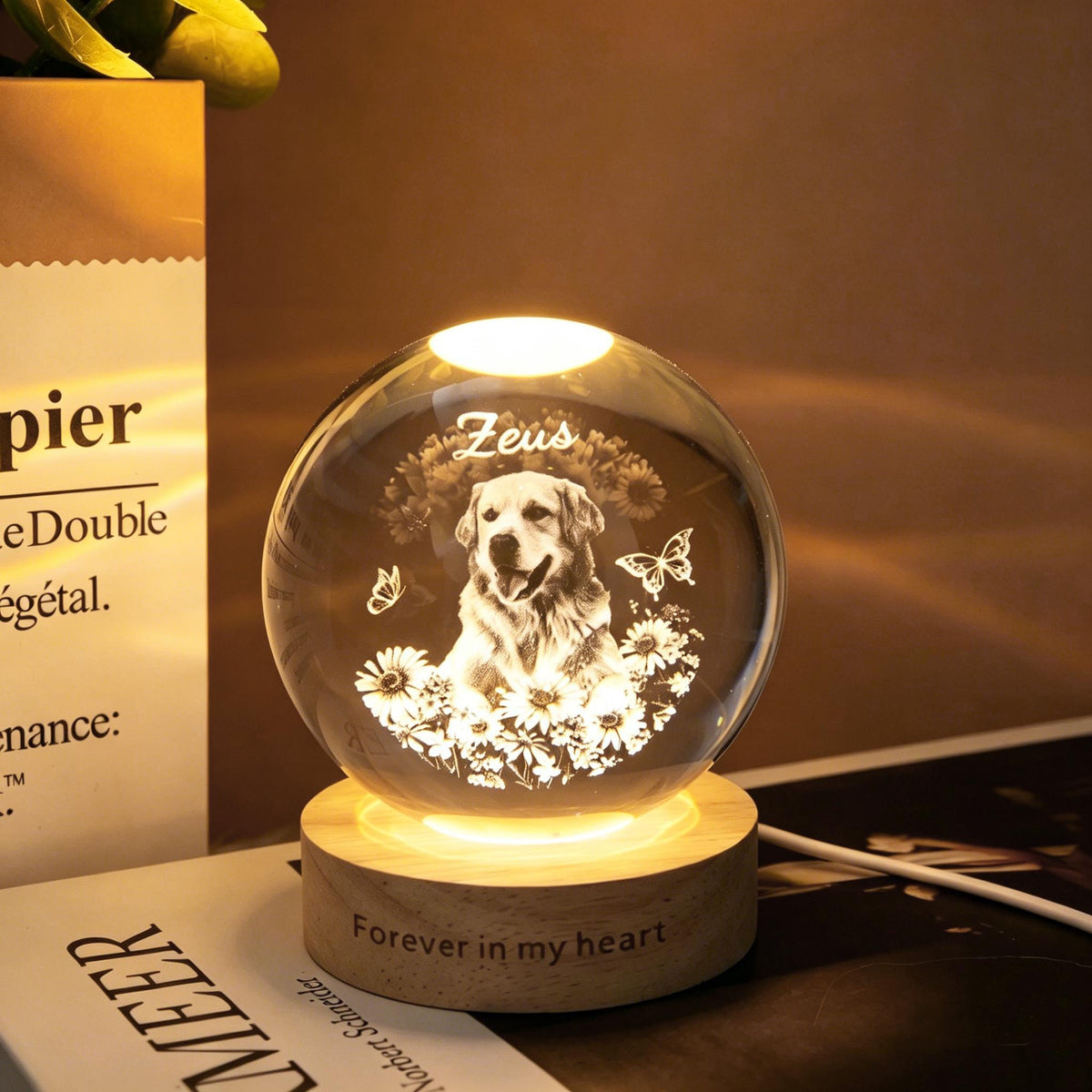 May include: A glowing crystal ball with a dog portrait, the name "Zeus", and the phrase "Forever in my heart" engraved on the wooden base. The sphere features a dog surrounded by flowers and butterflies, illuminated by a warm light.