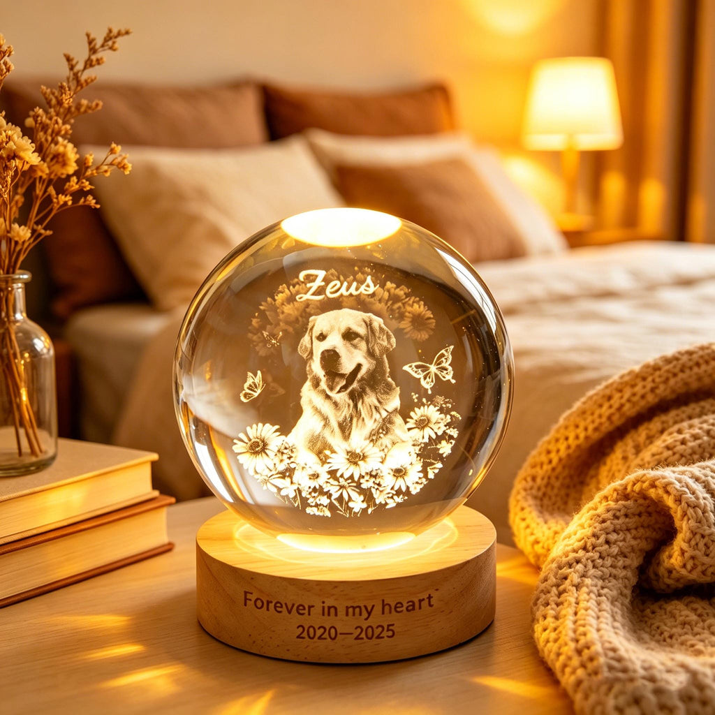May include: A glowing crystal ball with a dog portrait, butterflies, and floral accents, resting on a wooden base. The base is engraved with "Forever in my heart 2020-2025". The dog's name, "Zeus", is etched above the portrait.