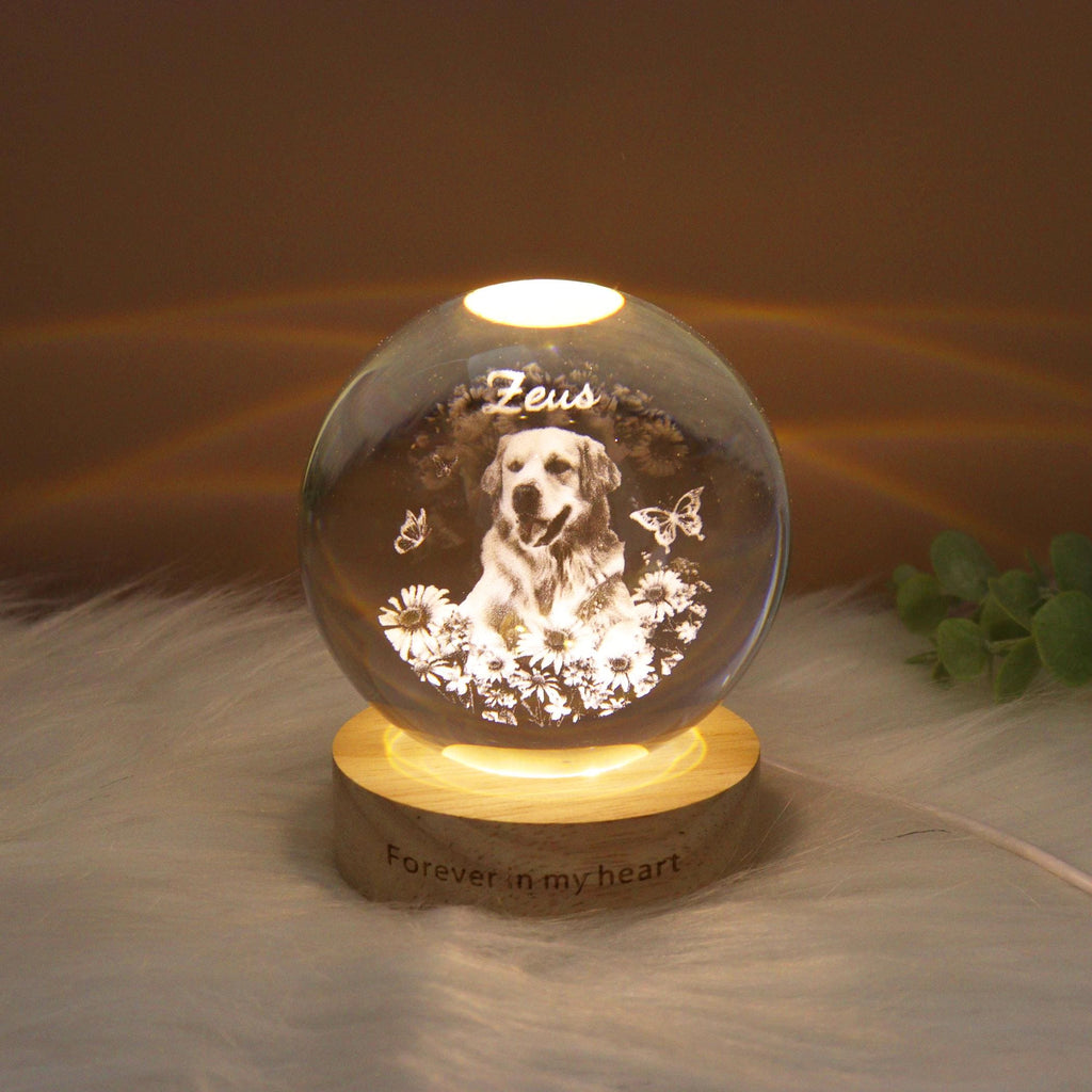 May include: A clear glass sphere with a dog portrait, butterflies, and flowers, illuminated by a warm light. The sphere sits on a wooden base with the text "Forever in my heart". The dog's name, "Zeus", is etched on the sphere.