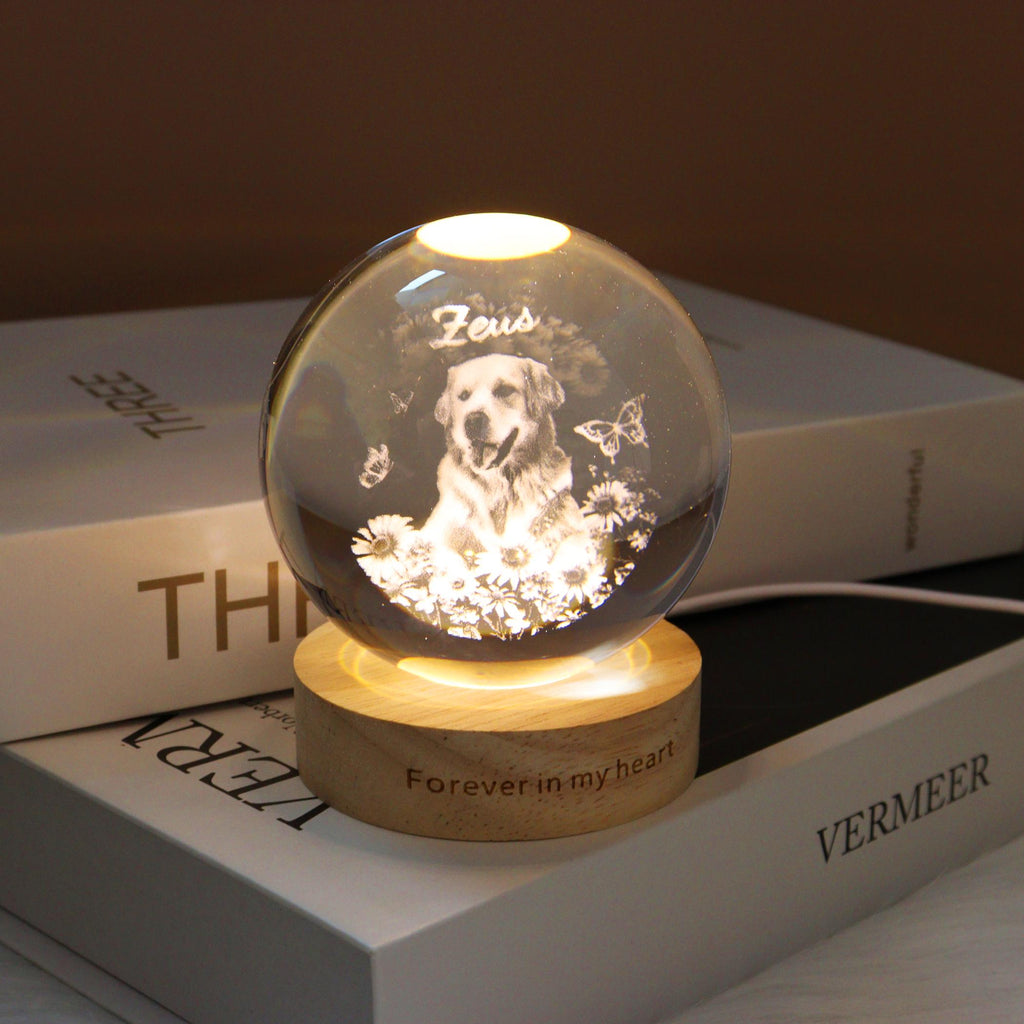 May include: A clear glass sphere with a photo of a dog, the name "Zeus", and butterflies. The sphere sits on a wooden base with the words "Forever in my heart". The base is illuminated with a warm glow.