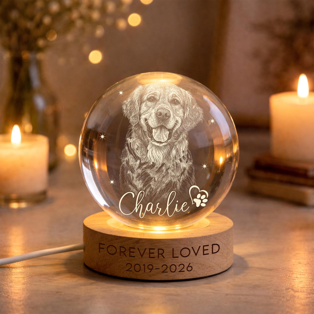 May include: A clear glass sphere lamp featuring an etched portrait of a dog, the name Charlie, and a paw print heart. The sphere rests on a circular wooden base engraved with the text FOREVER LOVED and the years 2019-2026, with a power cord.