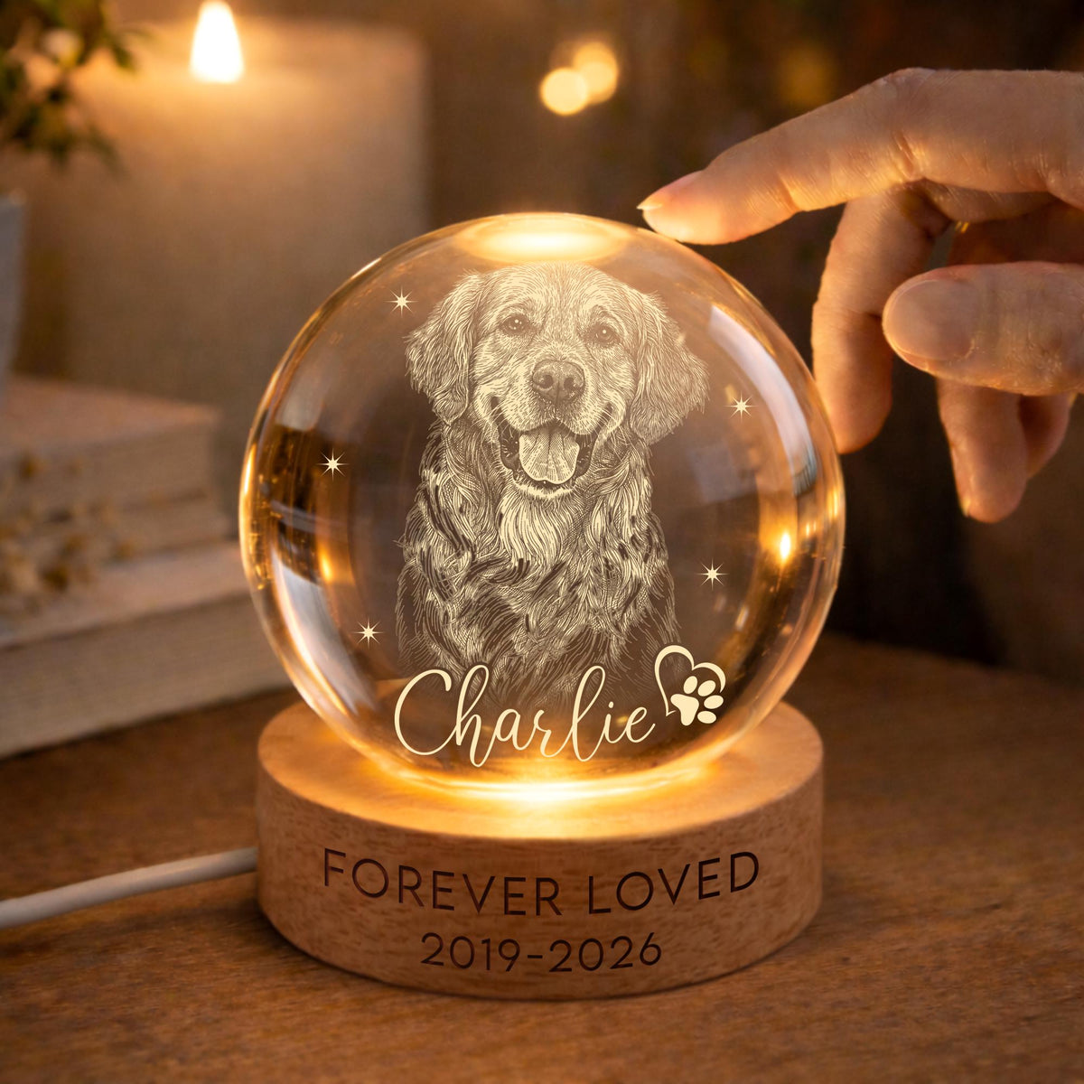 May include: A clear glass sphere featuring an etched portrait of a golden retriever dog, the name Charlie, and a paw print. The sphere sits on a round wooden base engraved with the text FOREVER LOVED and the years 2019-2026, illuminated from below.