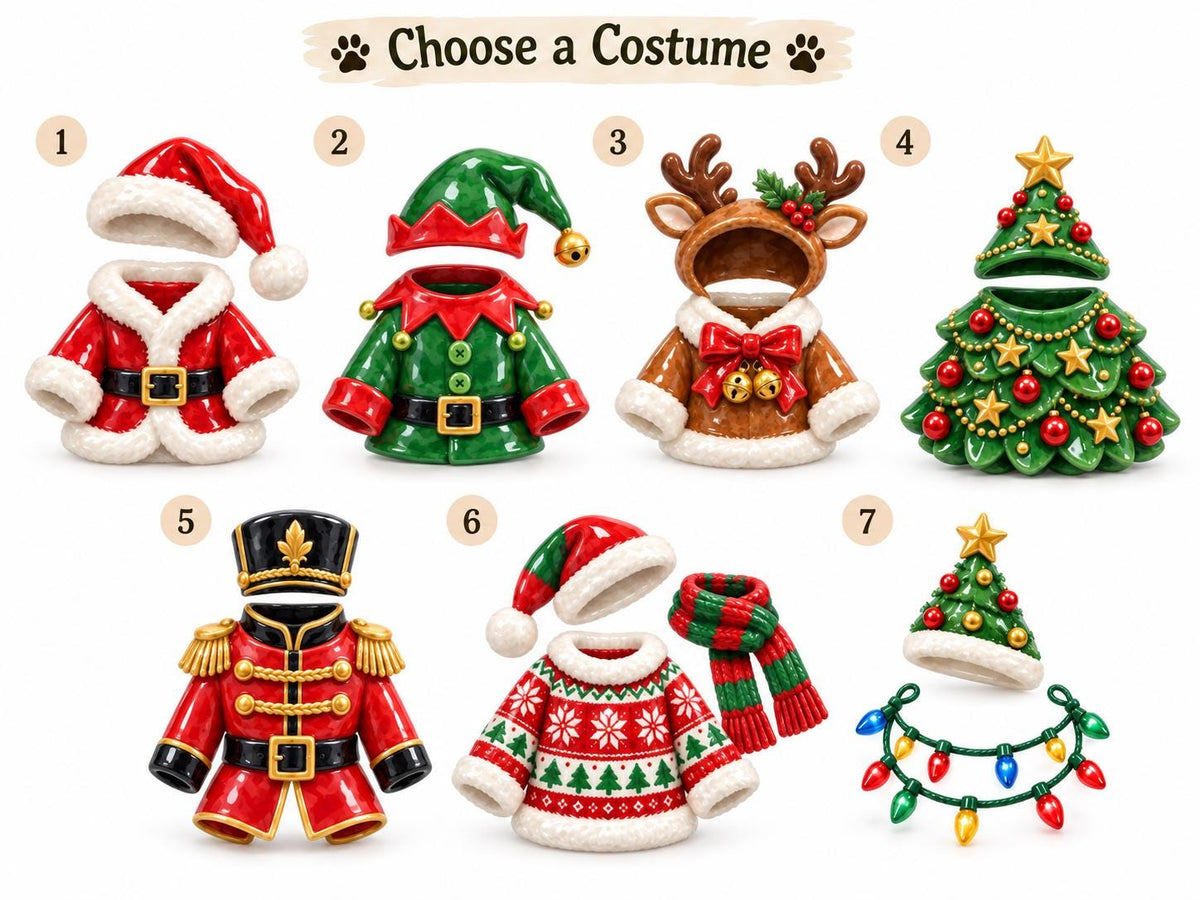 May include: A collection of seven numbered holiday-themed costumes for small figures. Designs include a Santa suit, an elf outfit, a reindeer hood, a Christmas tree, a nutcracker uniform, a patterned sweater with a scarf, and a tree hat with lights.