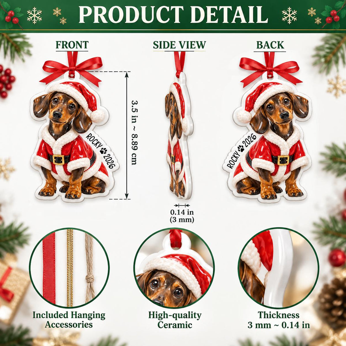 May include: A ceramic dachshund ornament wearing a Santa suit and hat, featuring the name ROCKY and the year 2026. It measures 3.5 inches tall and 0.14 inches thick. Includes a red ribbon, gold cord, and twine for hanging, shown from front and side.