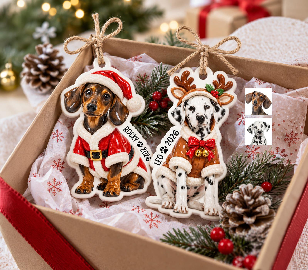 May include: Two dog-shaped Christmas ornaments with twine hangers. One is a dachshund in a Santa suit with the text ROCKY 2026. The other is a dalmatian in a reindeer headband and brown coat with the text LEO 2026. Both are inside a gift box.