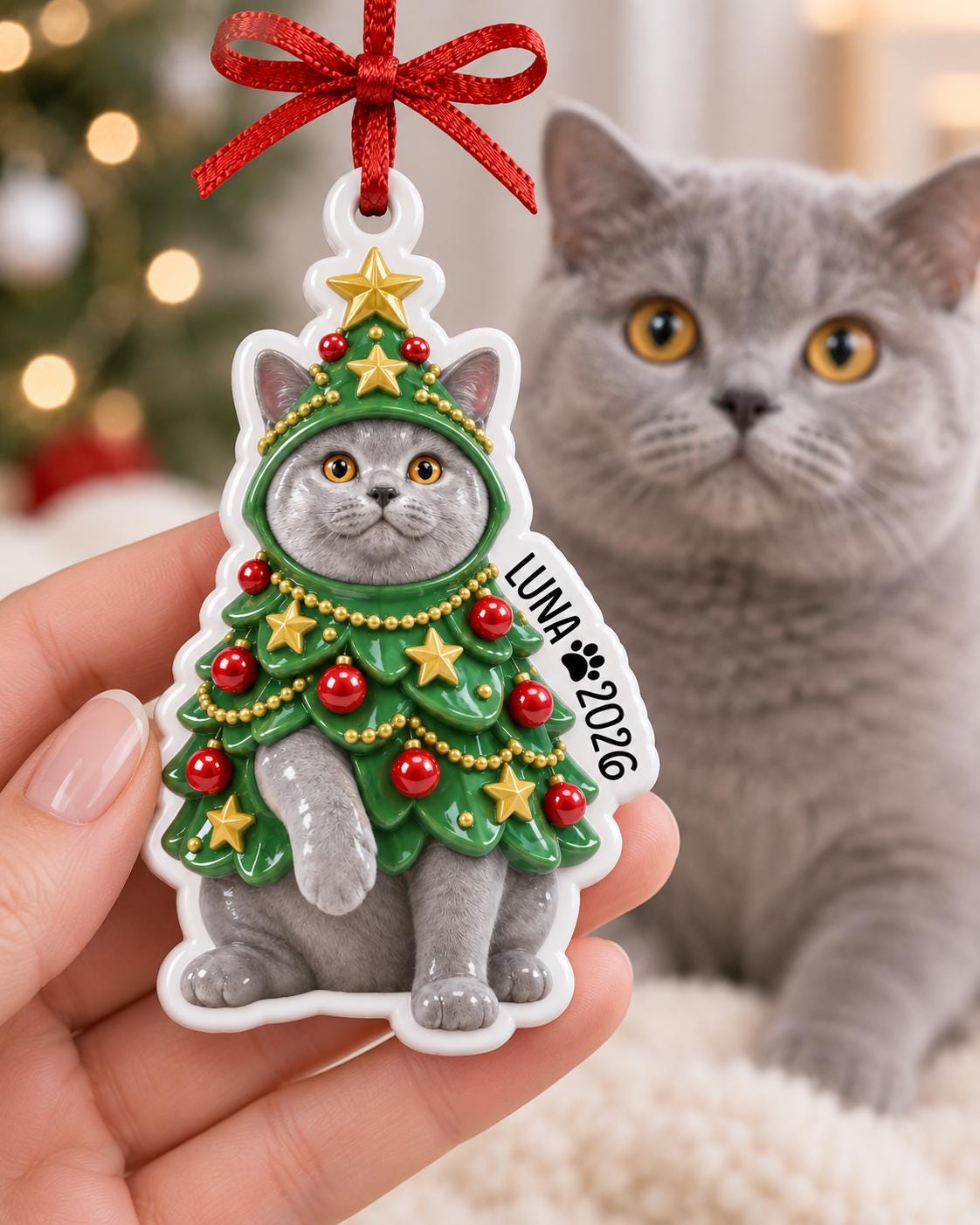 May include: A white-bordered Christmas tree ornament featuring a gray cat wearing a green tree costume decorated with red ornaments, gold stars, and gold garland. The text LUNA and a paw print icon followed by 2026 are printed on the right side.