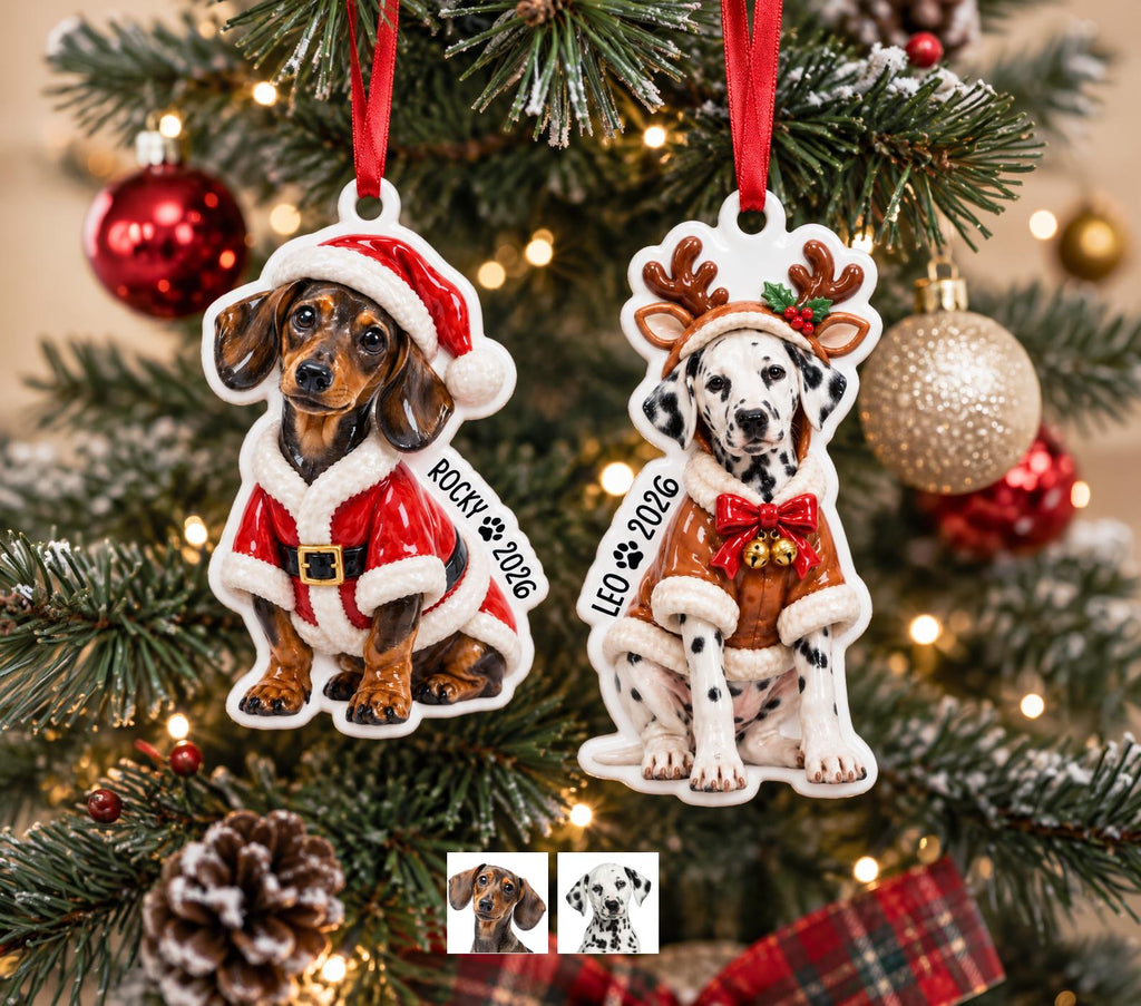 May include: Two ceramic Christmas ornaments hanging by red ribbons. One features a dachshund in a Santa suit with the text ROCKY 2026. The other shows a dalmatian wearing reindeer antlers and a brown coat with the text LEO 2026, featuring small bells.