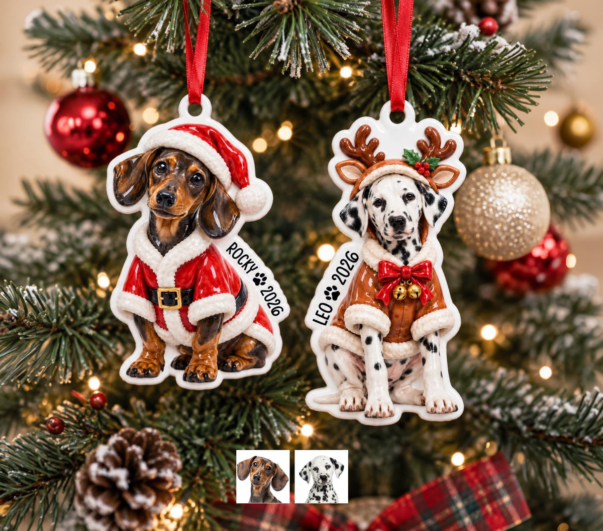 May include: Two ceramic Christmas ornaments hanging by red ribbons. One features a dachshund in a Santa suit with the text ROCKY 2026. The other shows a dalmatian wearing reindeer antlers and a brown coat with the text LEO 2026, featuring small bells.