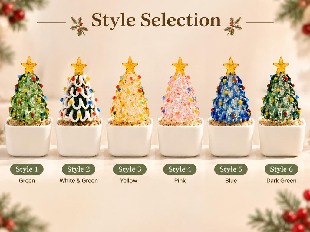 May include: Six miniature glass Christmas trees in white square pots, labeled Style Selection. Colors include green, white and green, yellow, pink, blue, and dark green. Each tree features a yellow star topper and colorful glass bead ornaments.