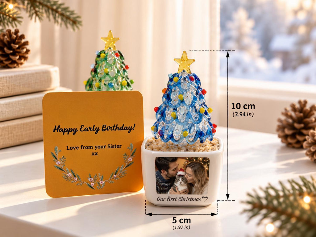 May include: A blue glass Christmas tree ornament with a yellow star topper, set in a white square planter containing a photo of a couple and a cat with the text Our first Christmas. A yellow card reads Happy Early Birthday! Love from your Sister xx.