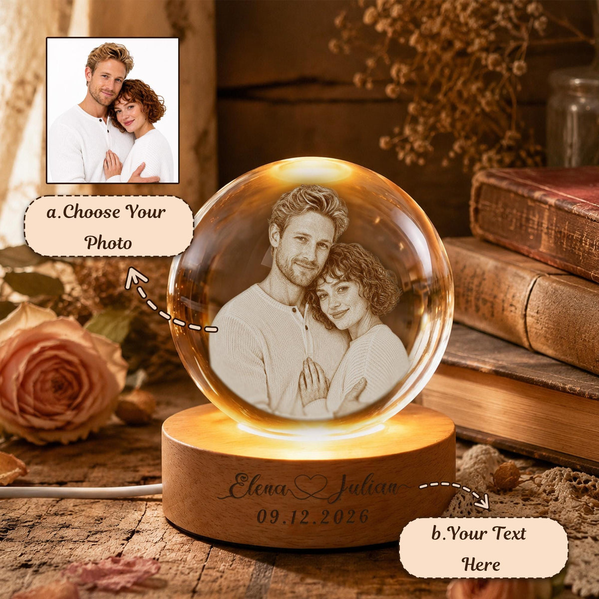 May include: A spherical glass paperweight featuring a laser-etched portrait of a couple, mounted on a circular wooden base. The base is engraved with the text Elena & Julian and the date 09.12.2026, illuminated by an internal light source.