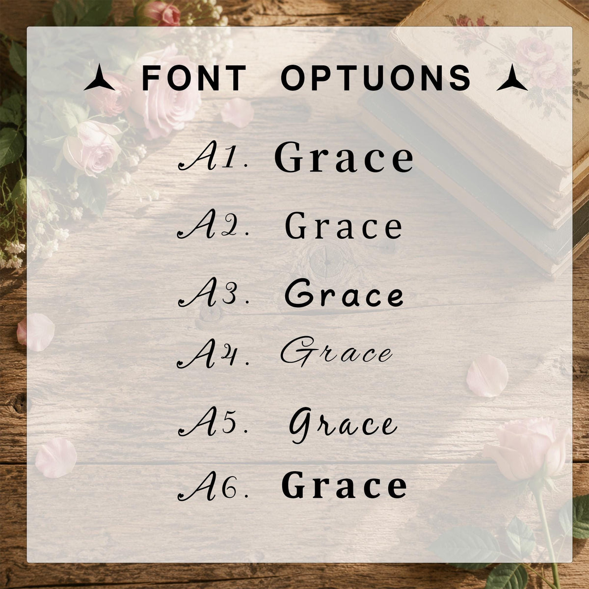 May include: A font selection chart titled FONT OPTUONS featuring six variations of the name Grace labeled A1 through A6. Each line displays a different typeface style, ranging from serif and sans-serif to cursive and bold lettering options.