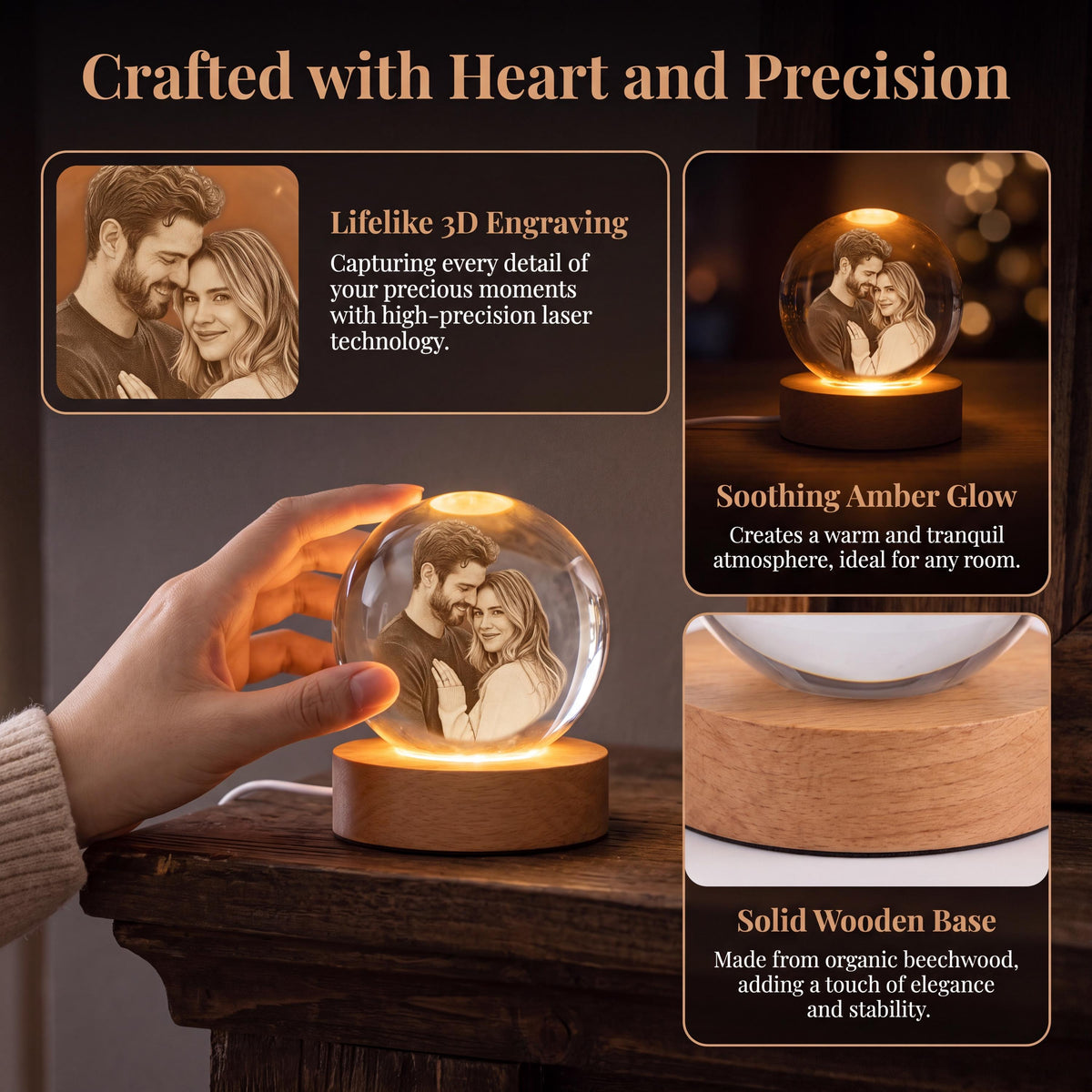 May include: A clear glass sphere featuring a 3D laser-engraved portrait of a couple, resting on a round light-colored wooden base. The text reads Crafted with Heart and Precision, Lifelike 3D Engraving, Soothing Amber Glow, and Solid Wooden Base.