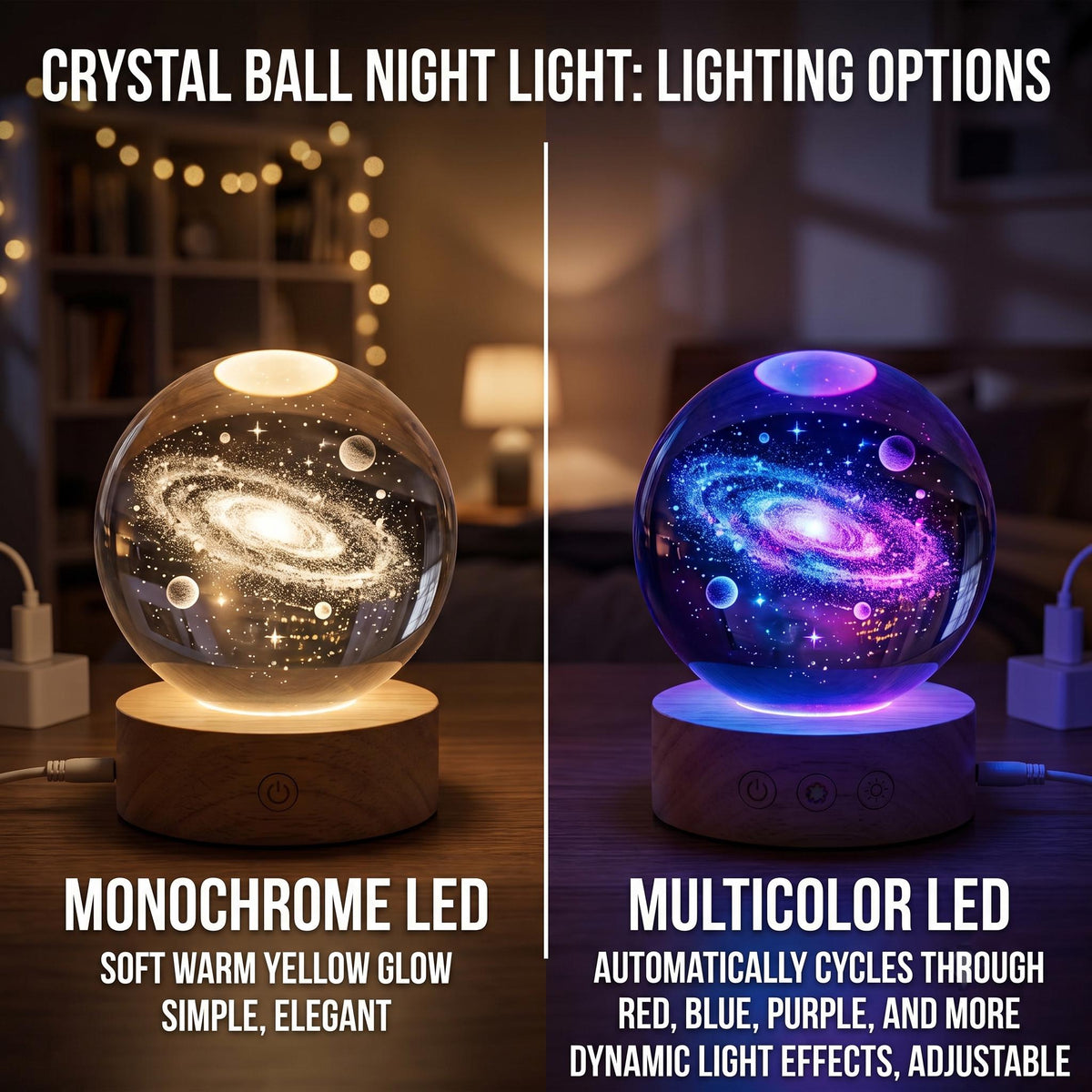 May include: A crystal ball night light featuring a galaxy engraving inside, set on a round wooden base. The left side shows a monochrome LED with a warm yellow glow, while the right side displays a multicolor LED cycling through red, blue, and purple.