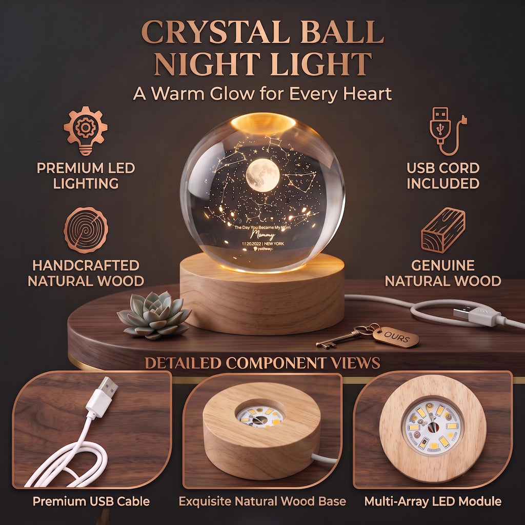 May include: A crystal ball night light featuring an engraved moon and star design on a circular natural wood base. The set includes a USB cord and a multi-array LED module. Text on the ball reads: The Day You Became My Mom, 11.20.2022, NEW YORK.
