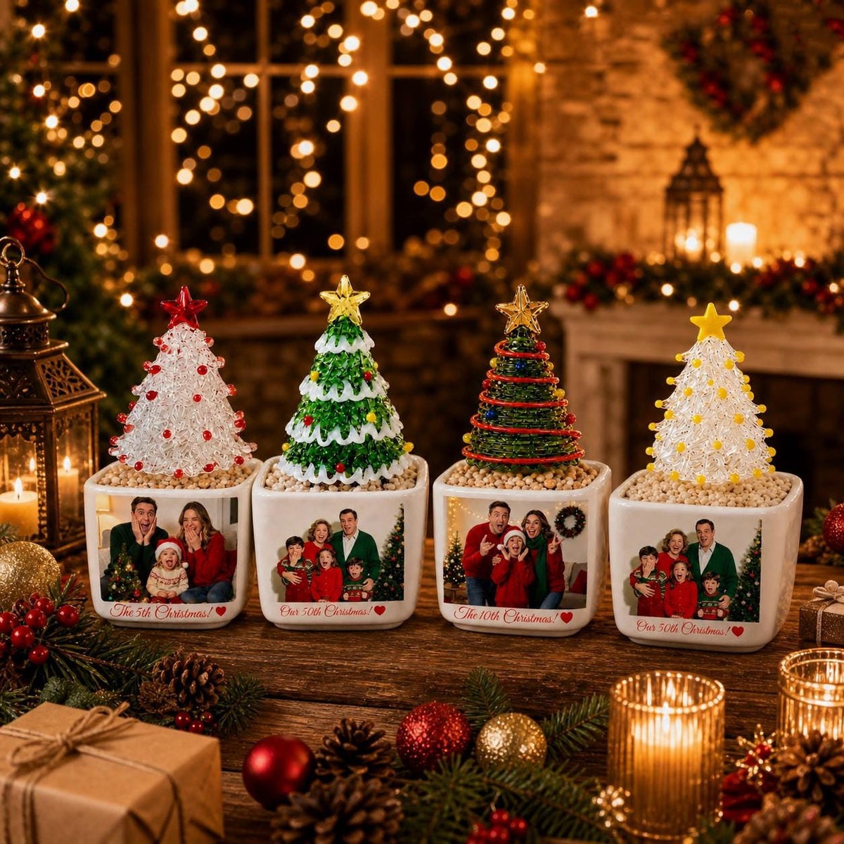 May include: Four square white ceramic planters, each topped with a decorative beaded Christmas tree and featuring a personalized family photograph and the text "Our 5th Christmas" or "Our 10th Christmas" printed on the front side.