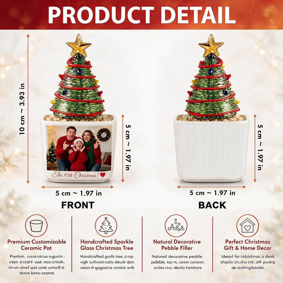 May include: A decorative Christmas tree ornament featuring a green glass tree with a gold star topper, red garland, and colorful lights, set in a white ceramic pot. The front displays a family photo and the text The 10th Christmas. Measures 10 cm tall.