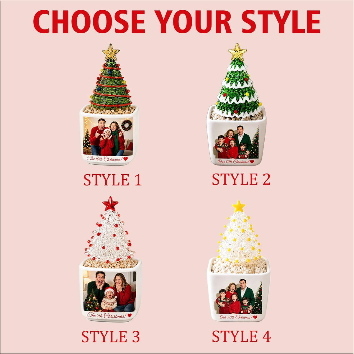 May include: Four square white ceramic planters, each containing a decorative Christmas tree with a star topper. Each planter features a custom photograph and text, labeled Style 1, Style 2, Style 3, and Style 4. The trees vary in color and texture.
