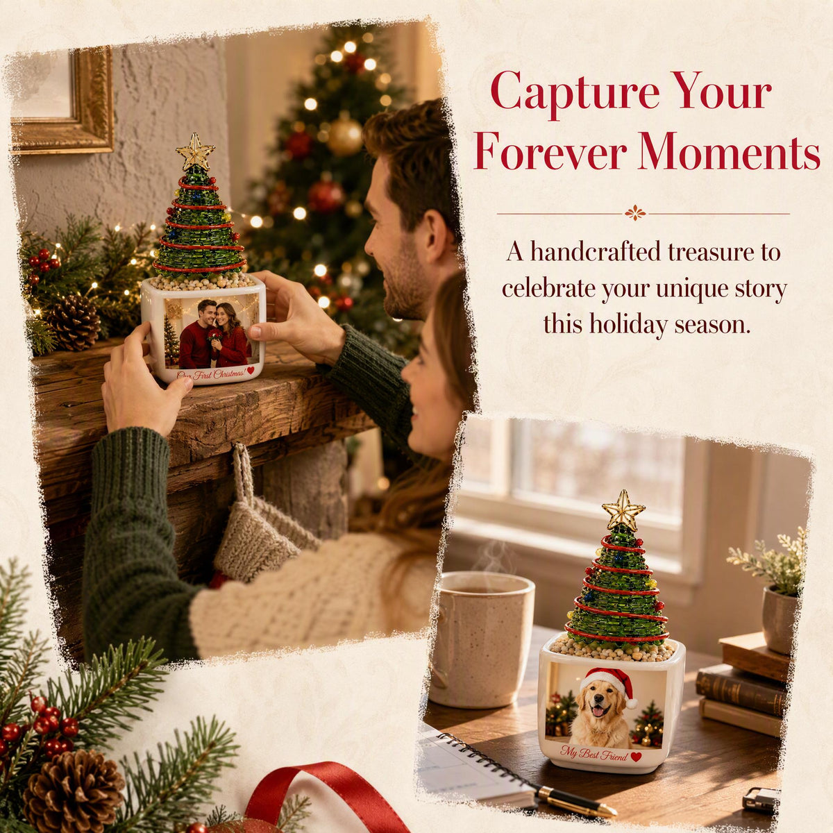May include: A square white ceramic planter featuring a miniature green Christmas tree with red beaded garland and a gold star topper. The front of the planter displays a custom photograph and the text "Capture Your Forever Moments".