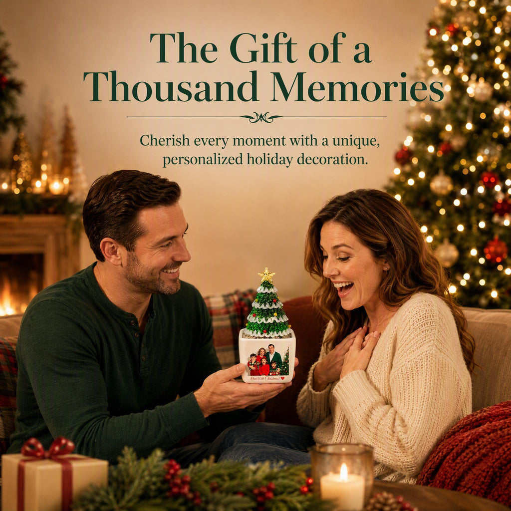 May include: A white square ceramic planter featuring a miniature green Christmas tree with a gold star topper. The planter displays a printed family photograph and the text "The Gift of a Thousand Memories" appears above.