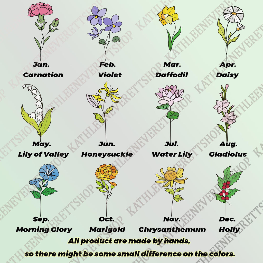 May include: A botanical illustration featuring twelve different flowers, each representing a month of the year. The flowers include carnation, violet, daffodil, daisy, lily of the valley, honeysuckle, water lily, gladiolus, morning glory, marigold, chrysanthemum, and holly. Text states "All product are made by hands, so there might be some small difference on the colors."