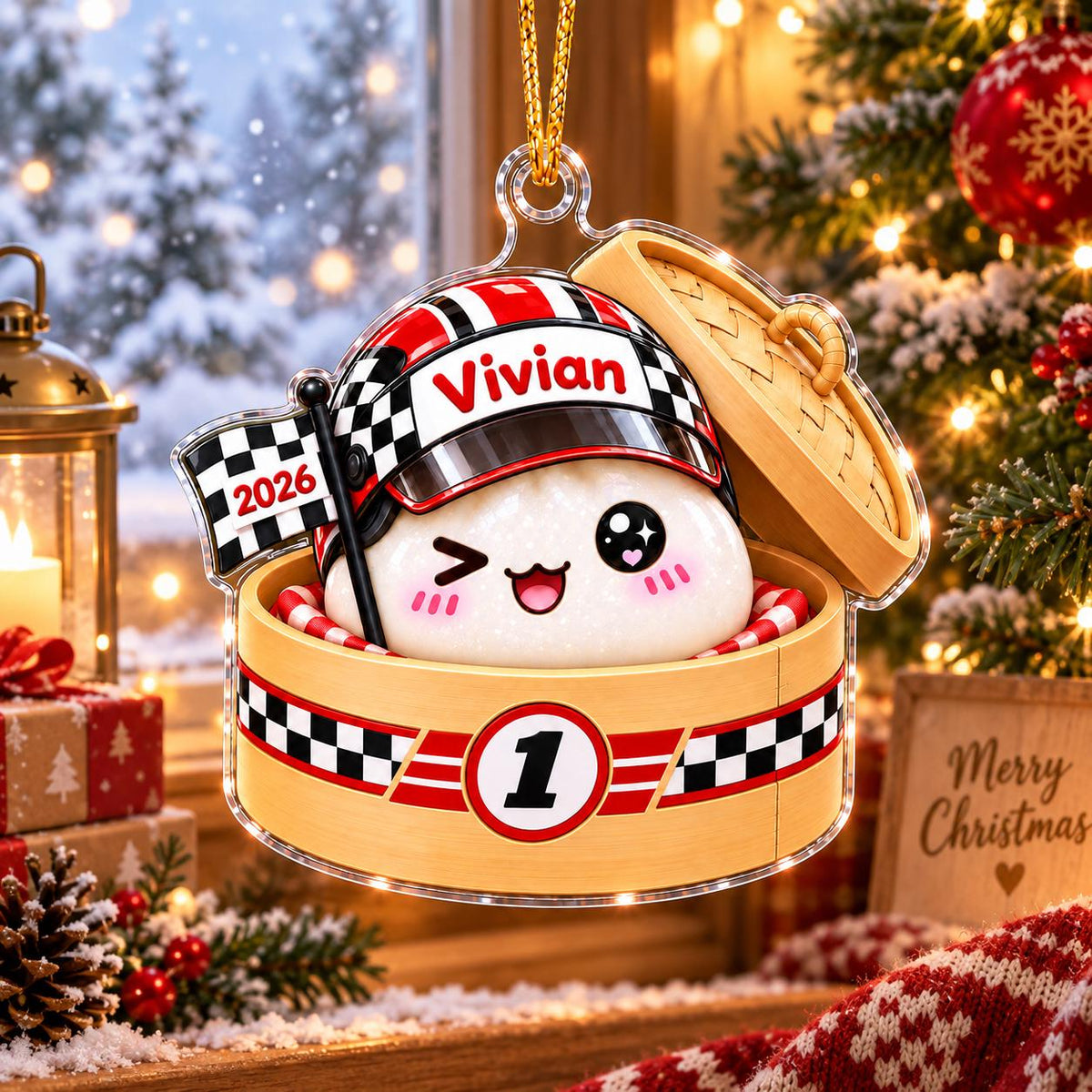 Personalized Racing Dumpling Christmas Ornament, Cute Squishy Dumpling Acrylic Ornament, Gift for Racer Boy, Dumpling Lover Gift, Kids Gift