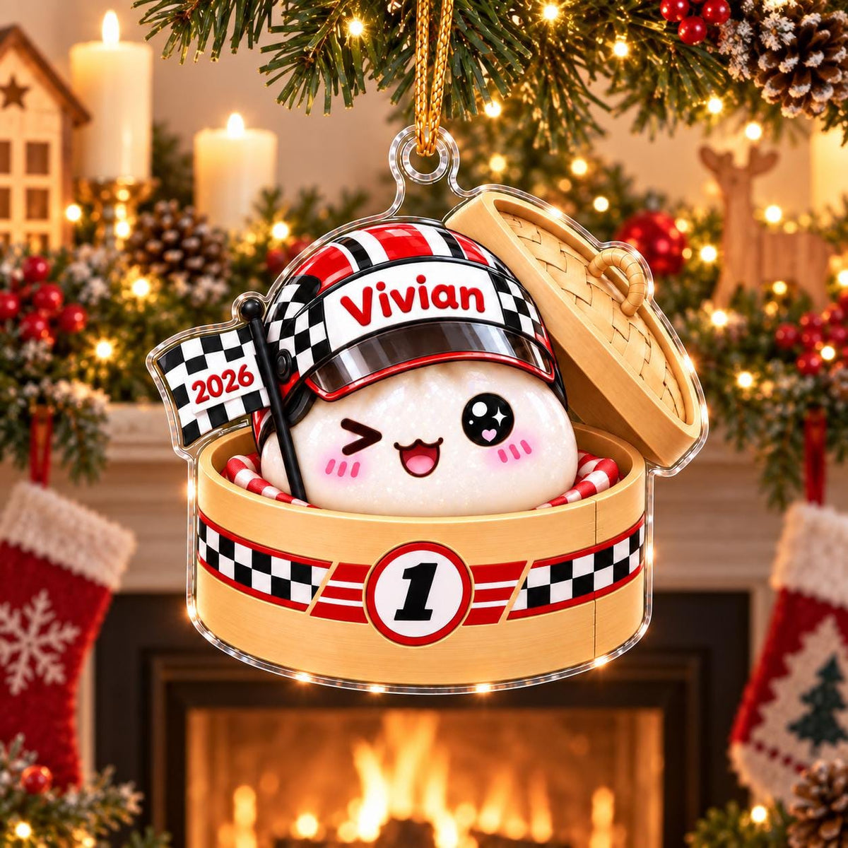 Personalized Racing Dumpling Christmas Ornament, Cute Squishy Dumpling Acrylic Ornament, Gift for Racer Boy, Dumpling Lover Gift, Kids Gift