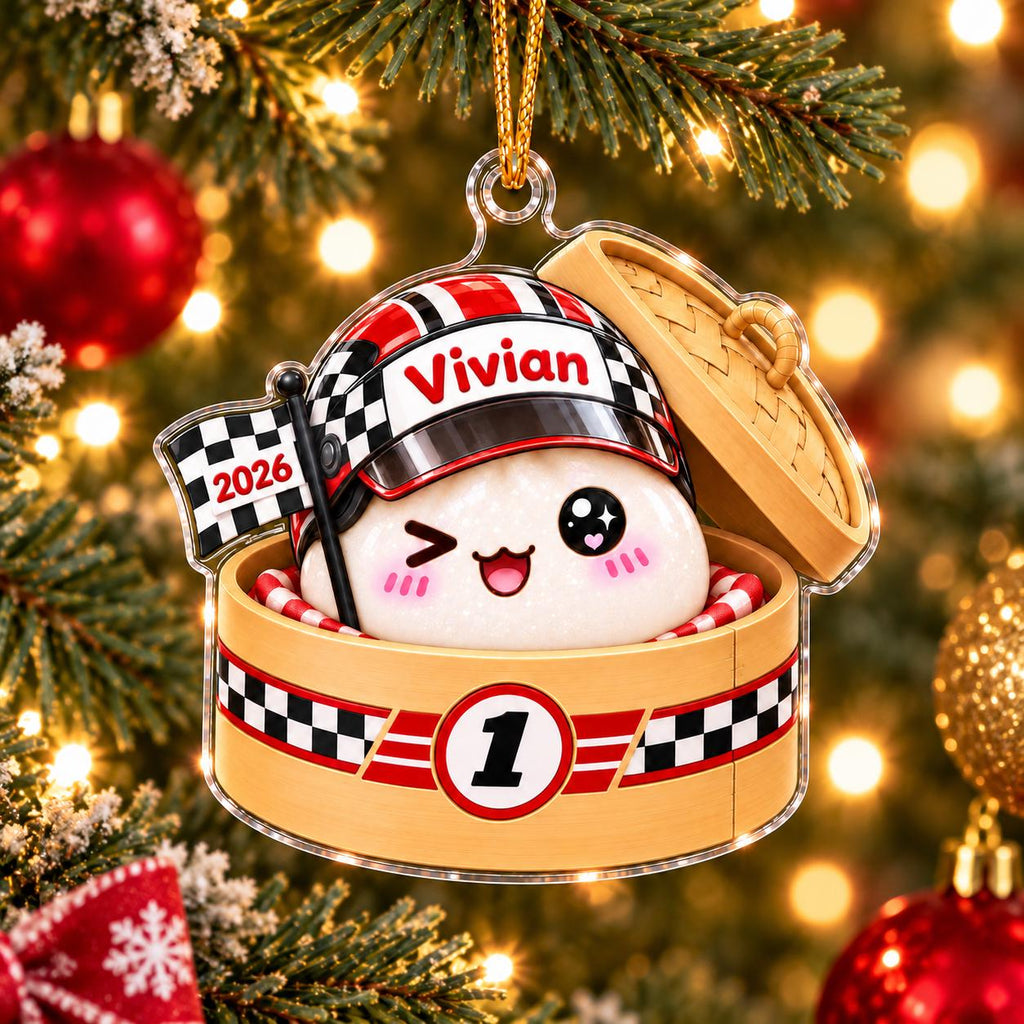 Personalized Racing Dumpling Christmas Ornament, Cute Squishy Dumpling Acrylic Ornament, Gift for Racer Boy, Dumpling Lover Gift, Kids Gift