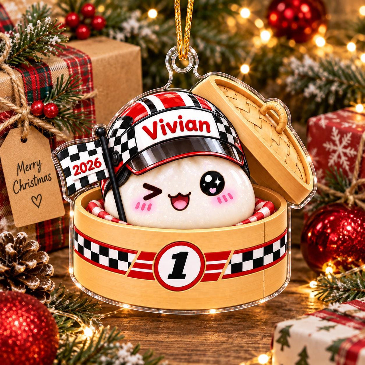 Personalized Racing Dumpling Christmas Ornament, Cute Squishy Dumpling Acrylic Ornament, Gift for Racer Boy, Dumpling Lover Gift, Kids Gift