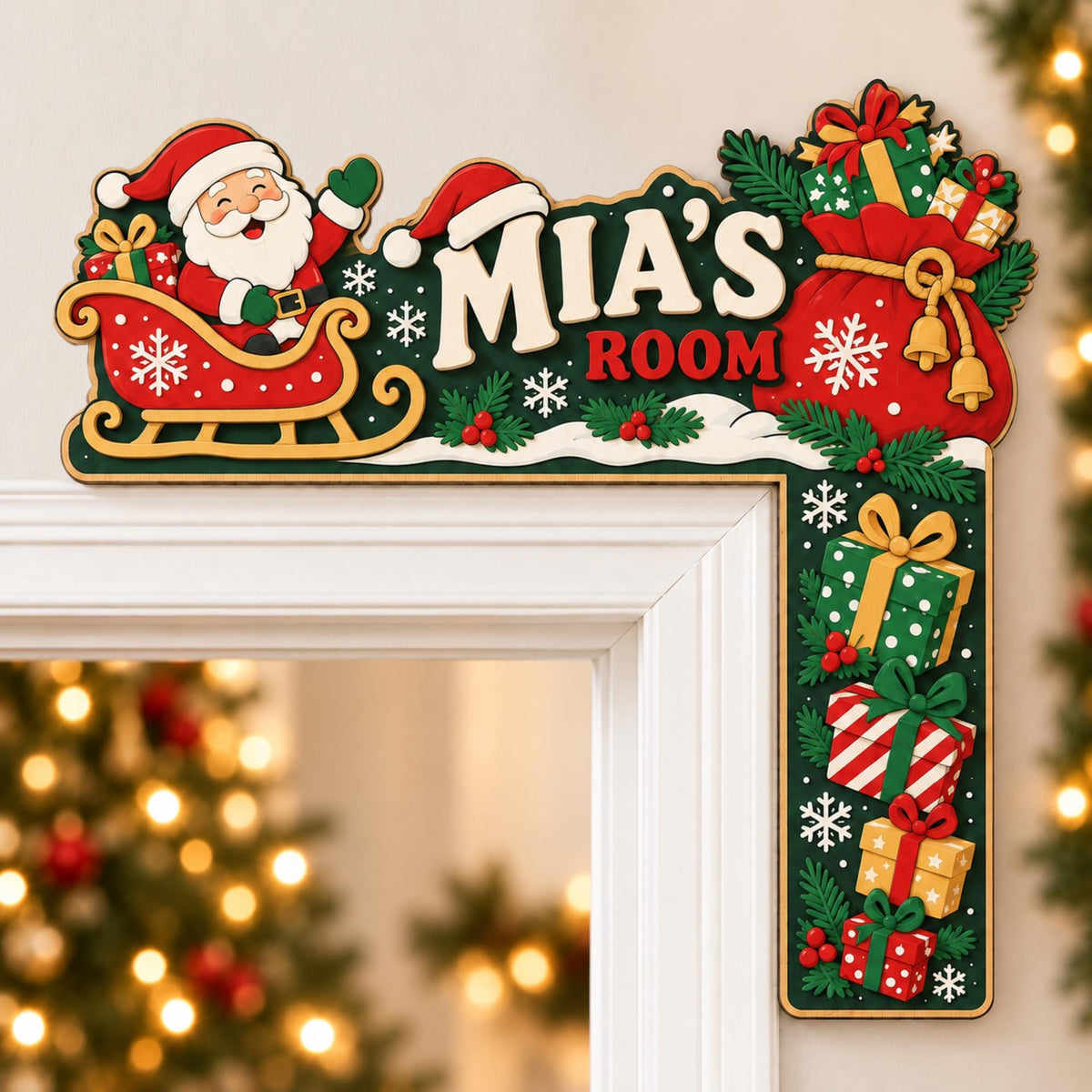 May include: A decorative L-shaped wooden door corner sign featuring Santa Claus in a sleigh, a red sack of gifts, and stacked presents. The sign is dark green with white snowflakes and red berries, displaying the text MIA'S ROOM in white letters.
