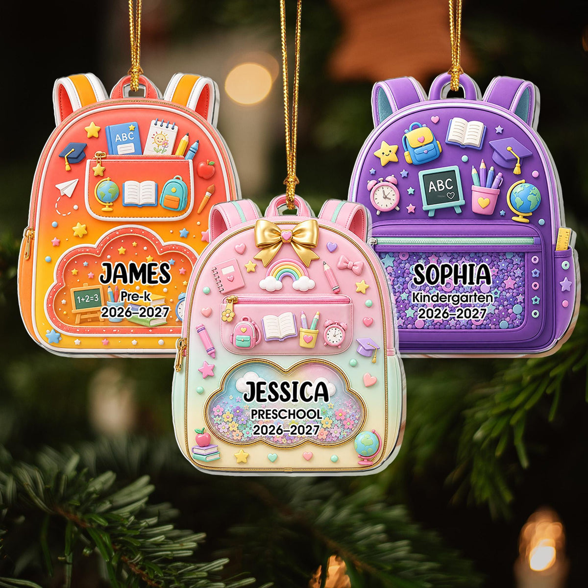 May include: Three backpack-shaped ornaments hanging by gold strings. The orange one says JAMES Pre-k 2026-2027, the pink one says JESSICA PRESCHOOL 2026-2027, and the purple one says SOPHIA Kindergarten 2026-2027. Each features school-themed icons.