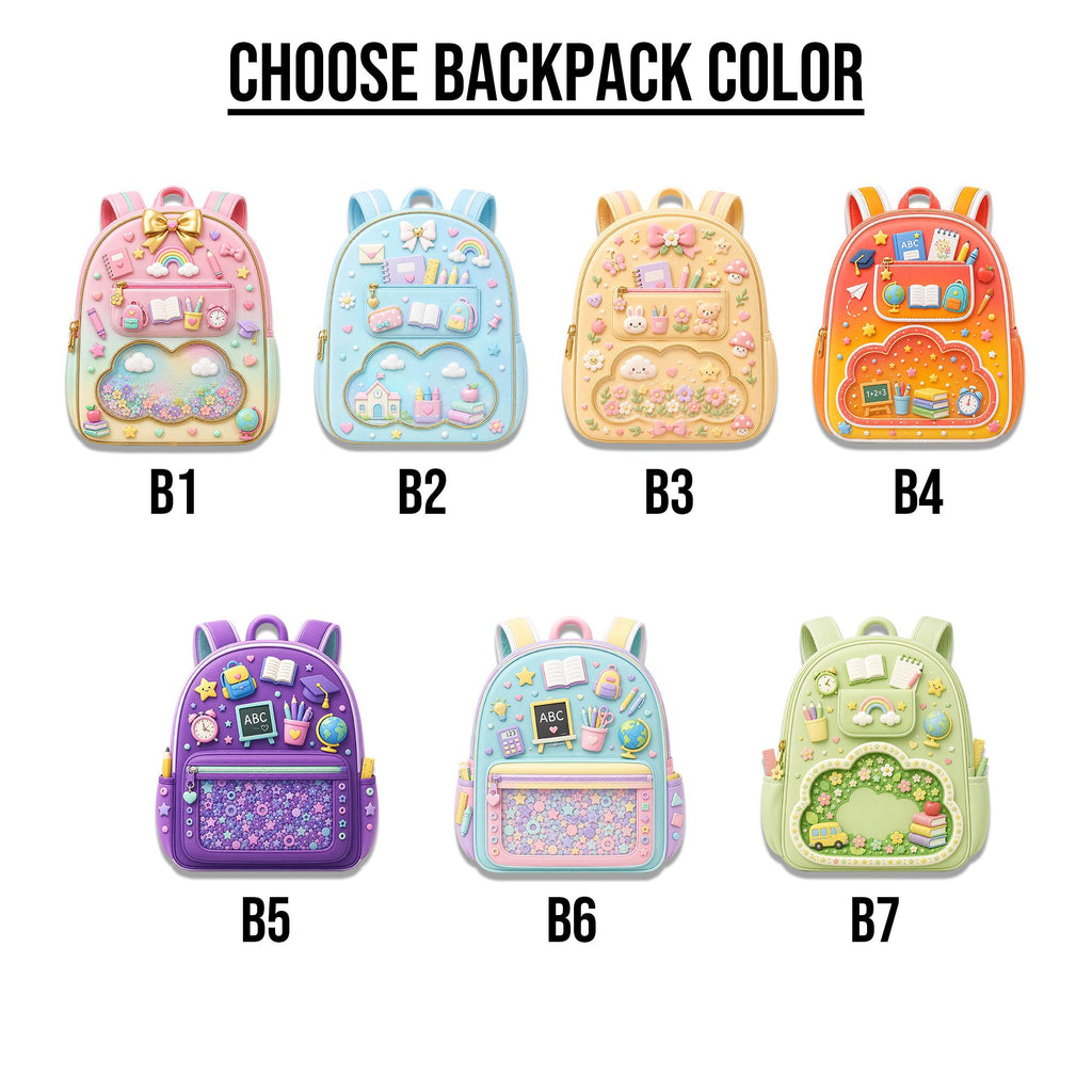 May include: Seven backpacks labeled B1 through B7, each featuring a unique color palette and school-themed 3D embellishments like books, globes, and clocks. The text CHOOSE BACKPACK COLOR is displayed at the top of the image above the backpacks.