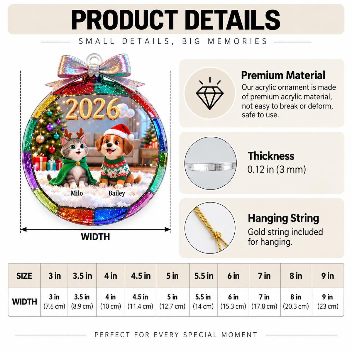 May include: A round acrylic Christmas ornament featuring a cat and dog with the year 2026, names Milo and Bailey, and a holographic bow. Includes a 0.12 inch thickness, gold hanging string, and a size chart ranging from 3 inches to 9 inches in width.