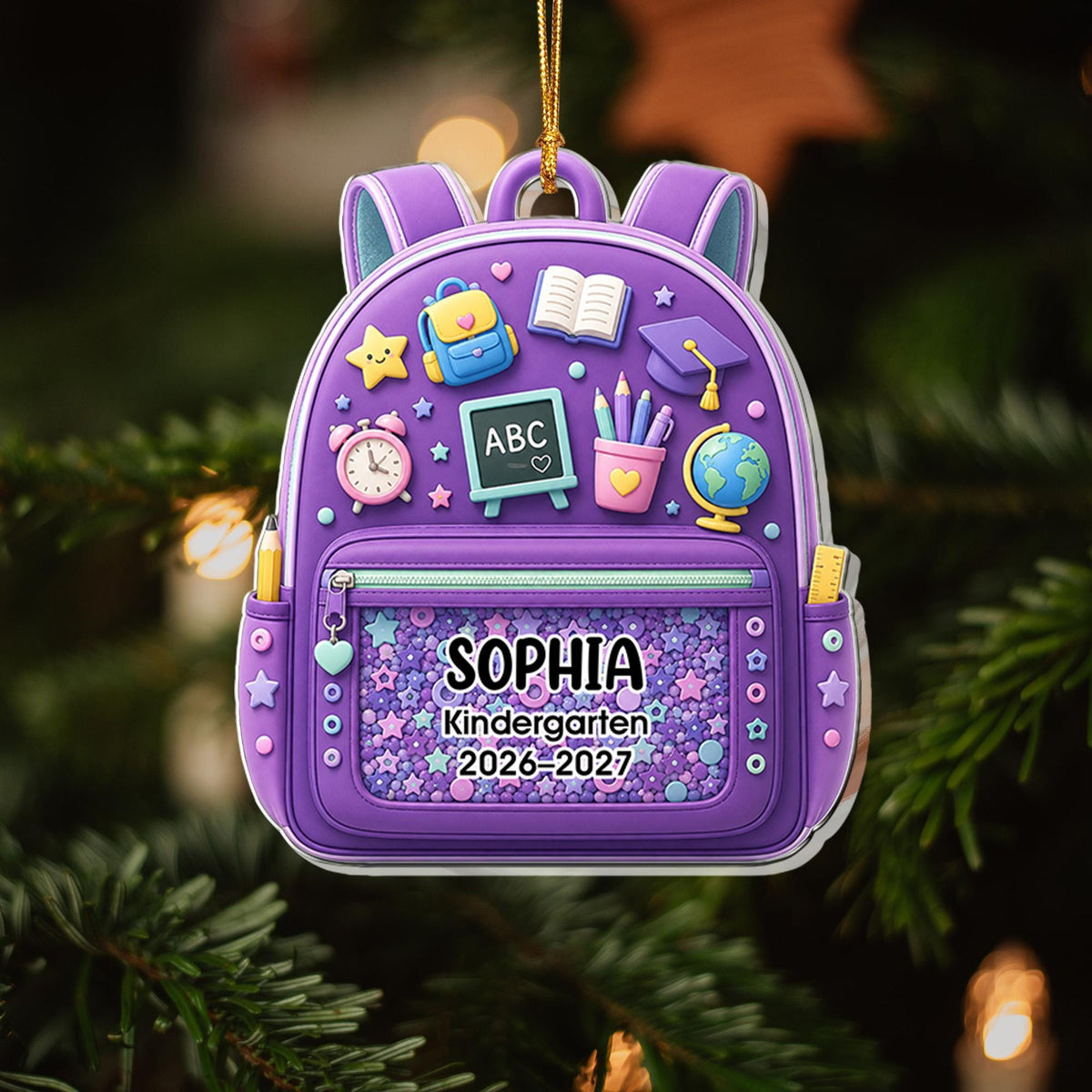 May include: A purple backpack-shaped ornament featuring school-themed icons like a globe, books, and a chalkboard. The front pocket displays the name SOPHIA, the text Kindergarten, and the years 2026-2027 over a background of purple stars.