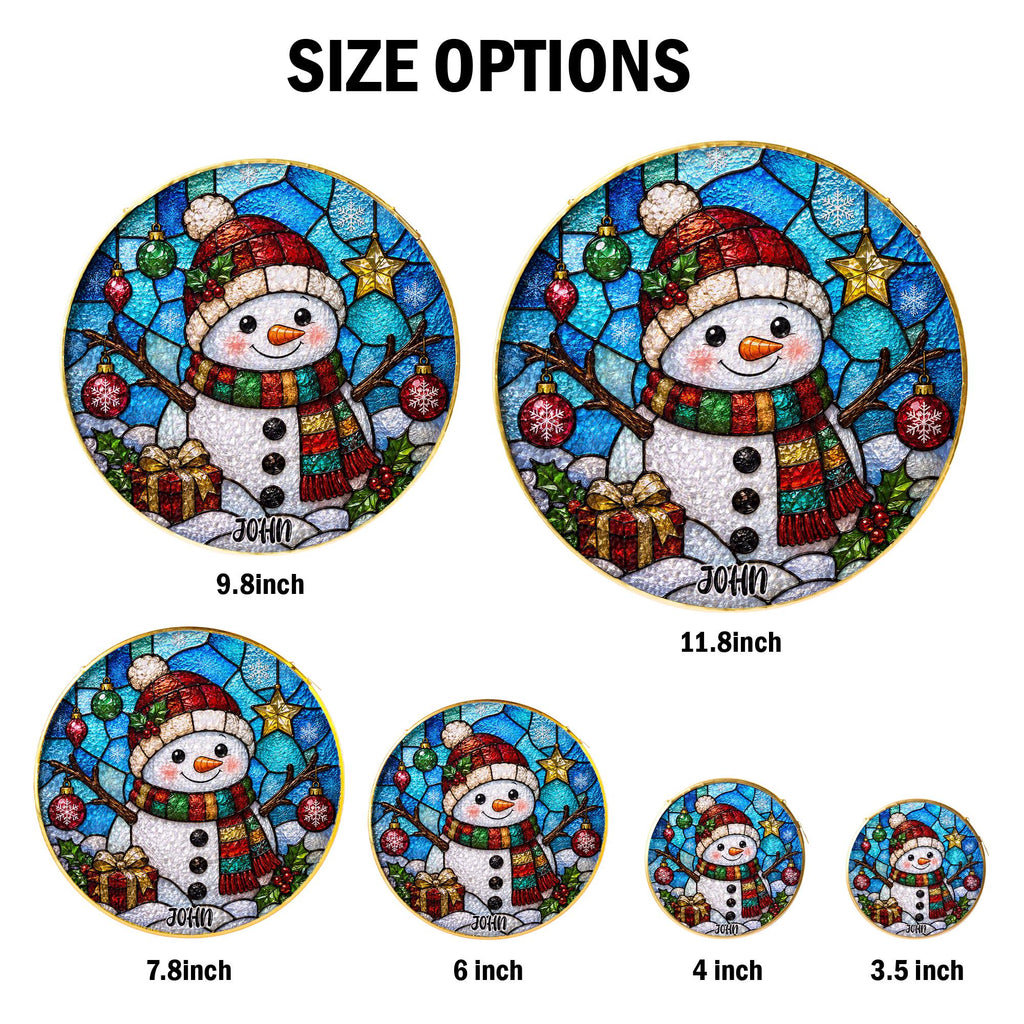 May include: Six circular ornaments featuring a stained-glass style snowman illustration with a red hat, striped scarf, and gifts. The sizes are labeled as 9.8 inch, 11.8 inch, 7.8 inch, 6 inch, 4 inch, and 3.5 inch. Each ornament includes the name JOHN.