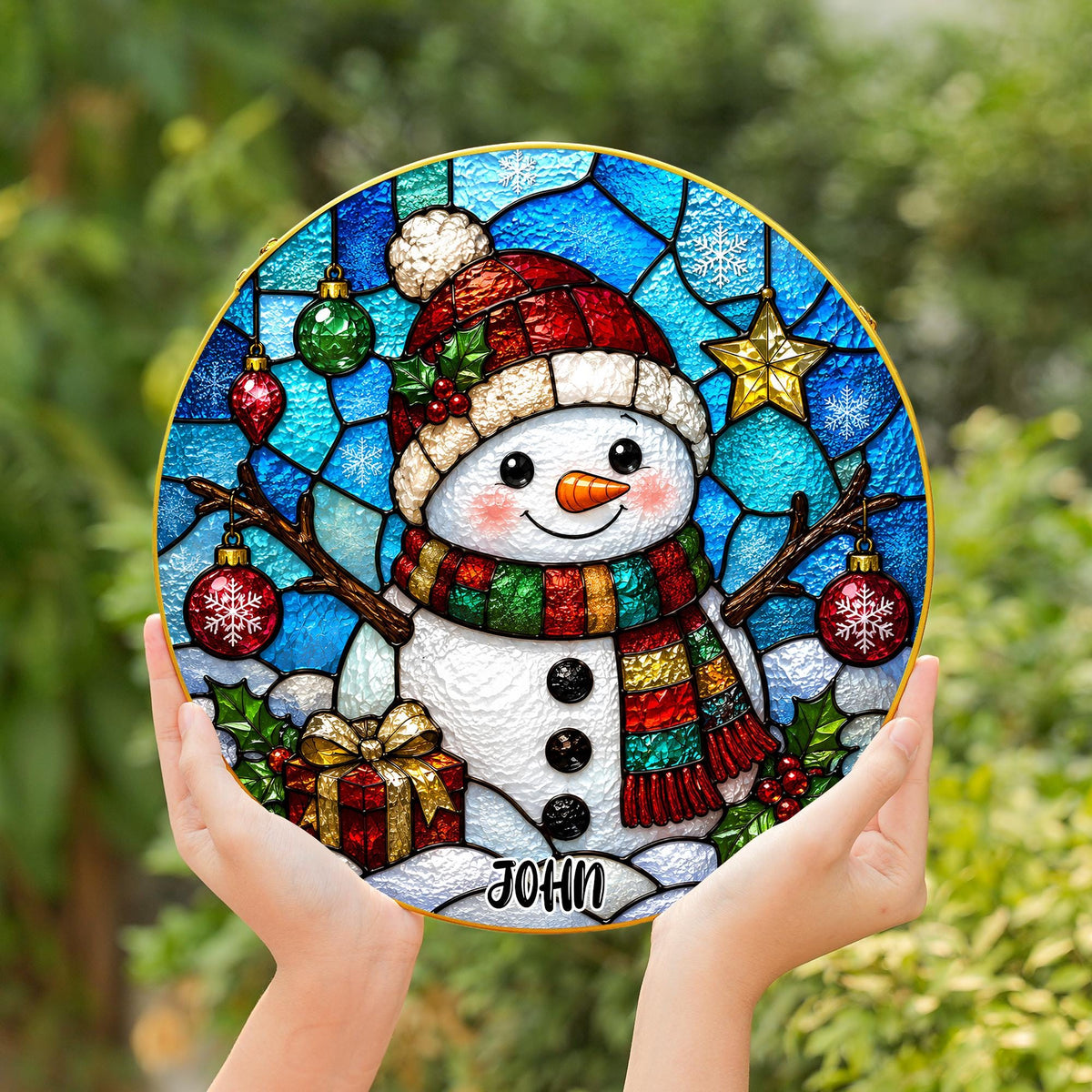 Personalized Snowman Christmas Holiday Stained Glass Window Suncatcher, Custom Family Winter Decor, Festive Keepsake Gift - Golden Frame