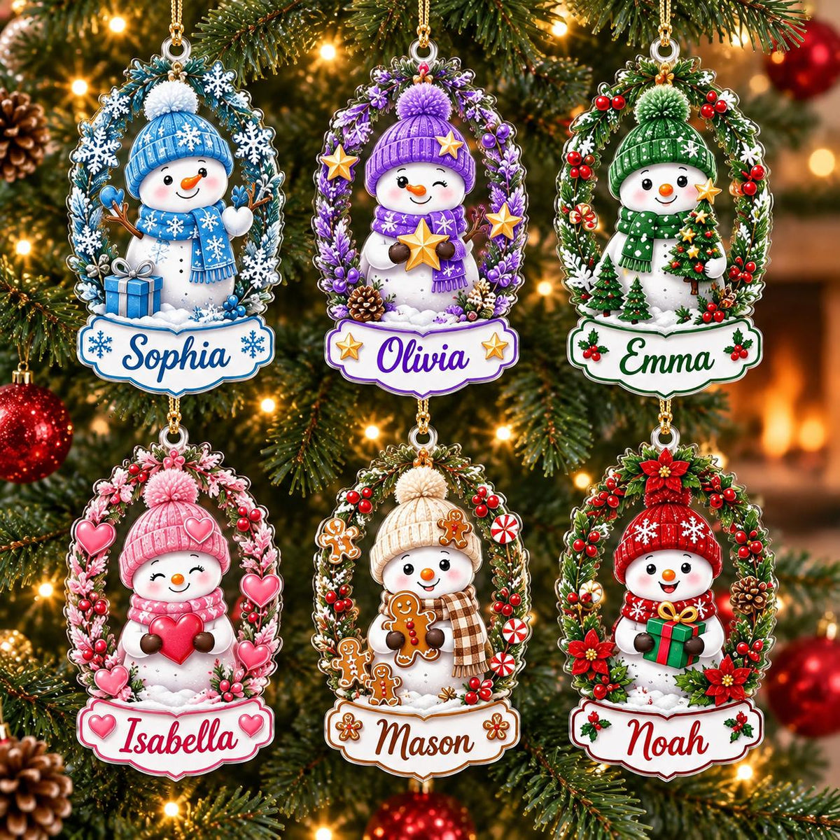 May include: Six oval Christmas ornaments featuring snowmen in various colors and themes. Each ornament is framed by a wreath and includes a name tag at the bottom reading Sophia, Olivia, Emma, Isabella, Mason, or Noah in decorative script.