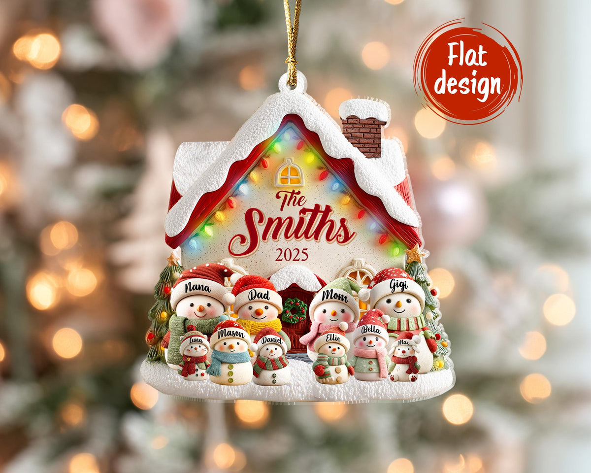 May include: A personalized Christmas ornament shaped like a snow-covered house with the text "The Smiths 2025". The ornament features a family of snowmen, each with a name, and is decorated with colorful lights and a red roof.
