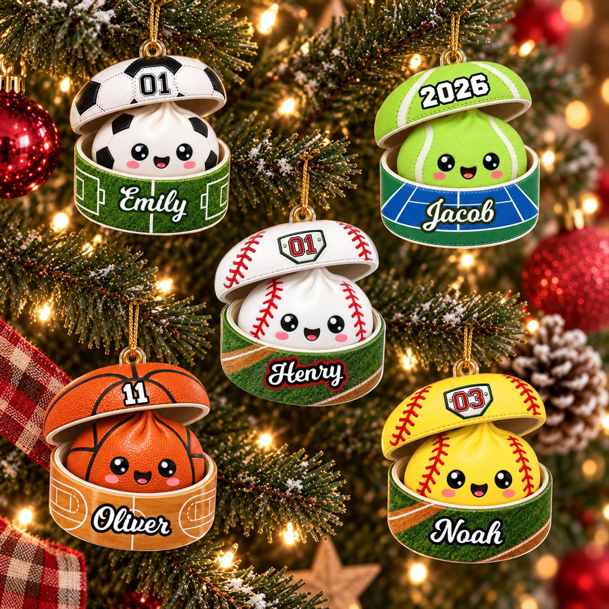 A collection of six personalized ornaments hanging on a Christmas tree, each with a unique design and name.