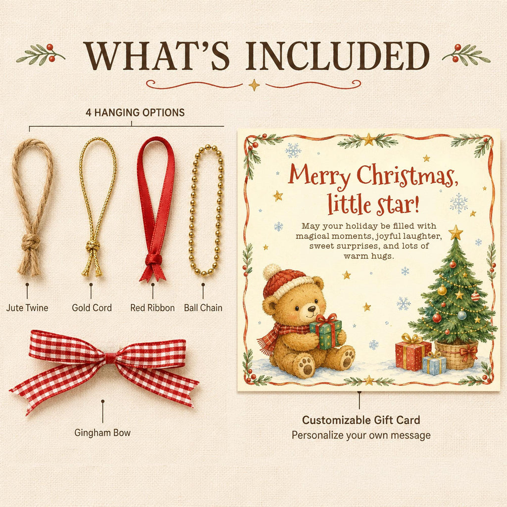 The image is a collage of Christmas-themed items, including a bow, ribbons, a card, and a teddy bear. The collage includes four hanging options, a customizable gift card, and a personalized message.