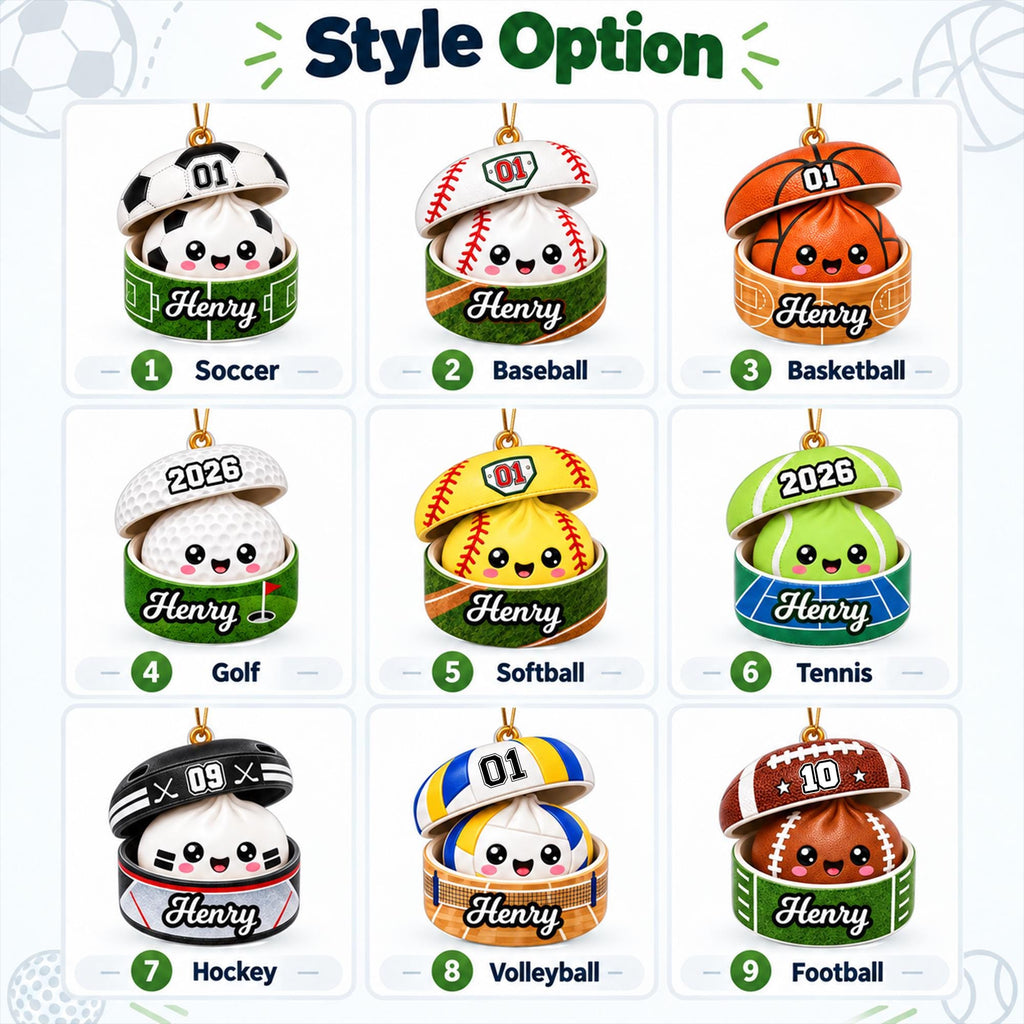 a collection of nine sports-themed ornaments, each with a unique design and color, arranged in a 3x3 grid.