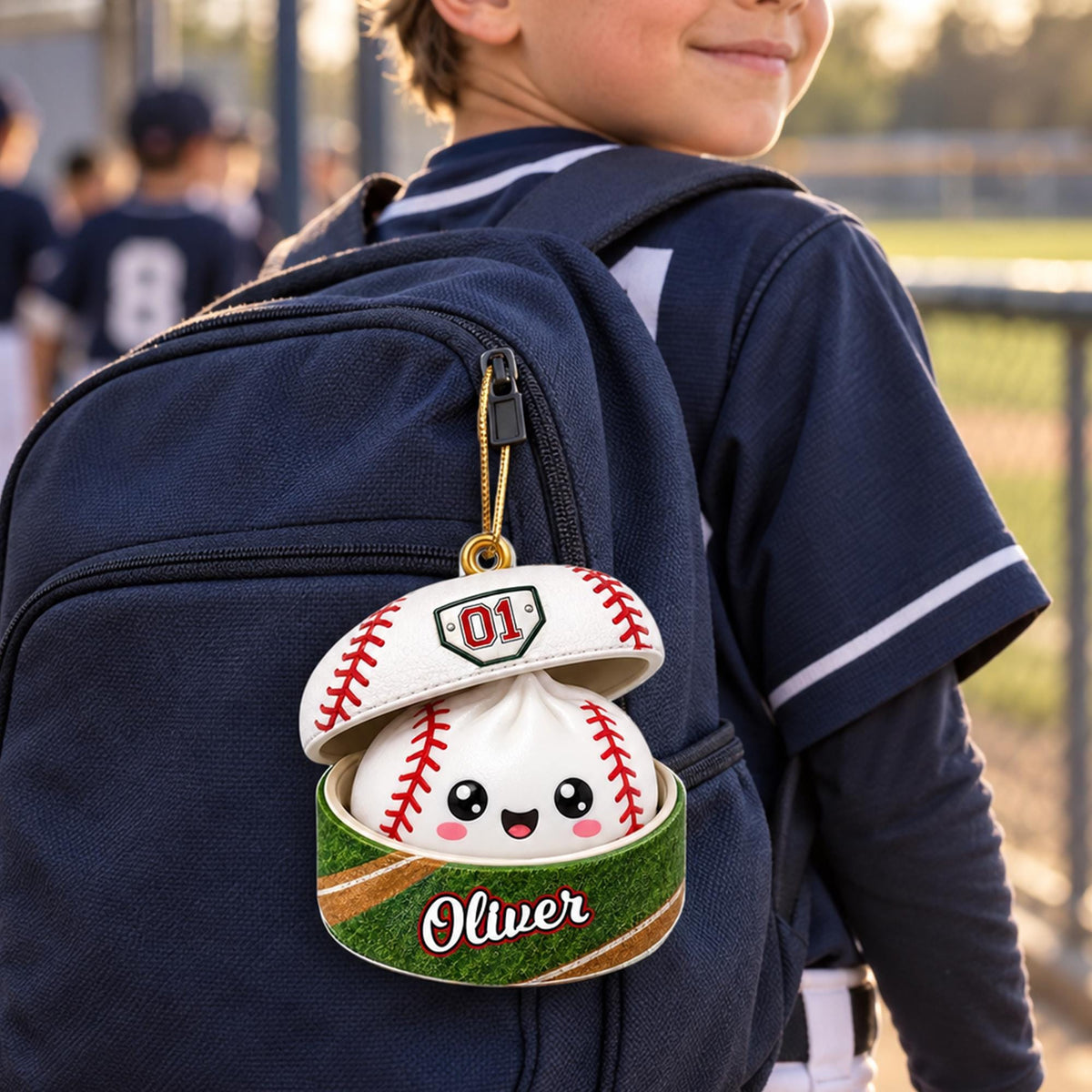 A child wearing a baseball uniform and carrying a backpack with a personalized baseball cap attached to it.