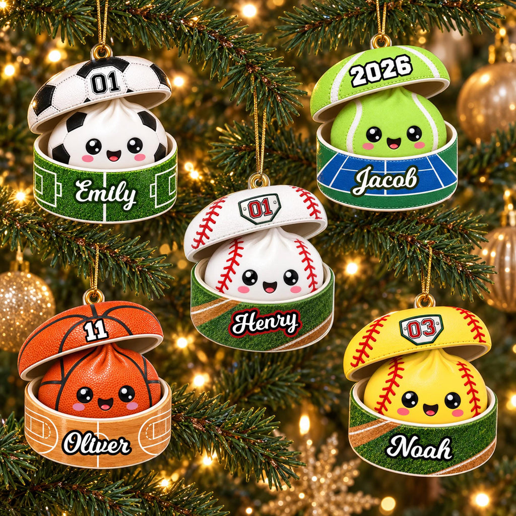 A collection of five personalized ornaments hanging on a Christmas tree, each featuring a unique design and name.