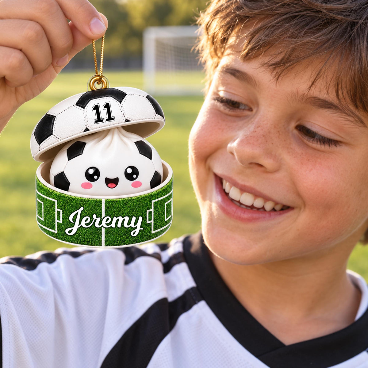 A young boy is holding a soccer ball ornament with the name " Jeremy" written on it, smiling at the ornament.