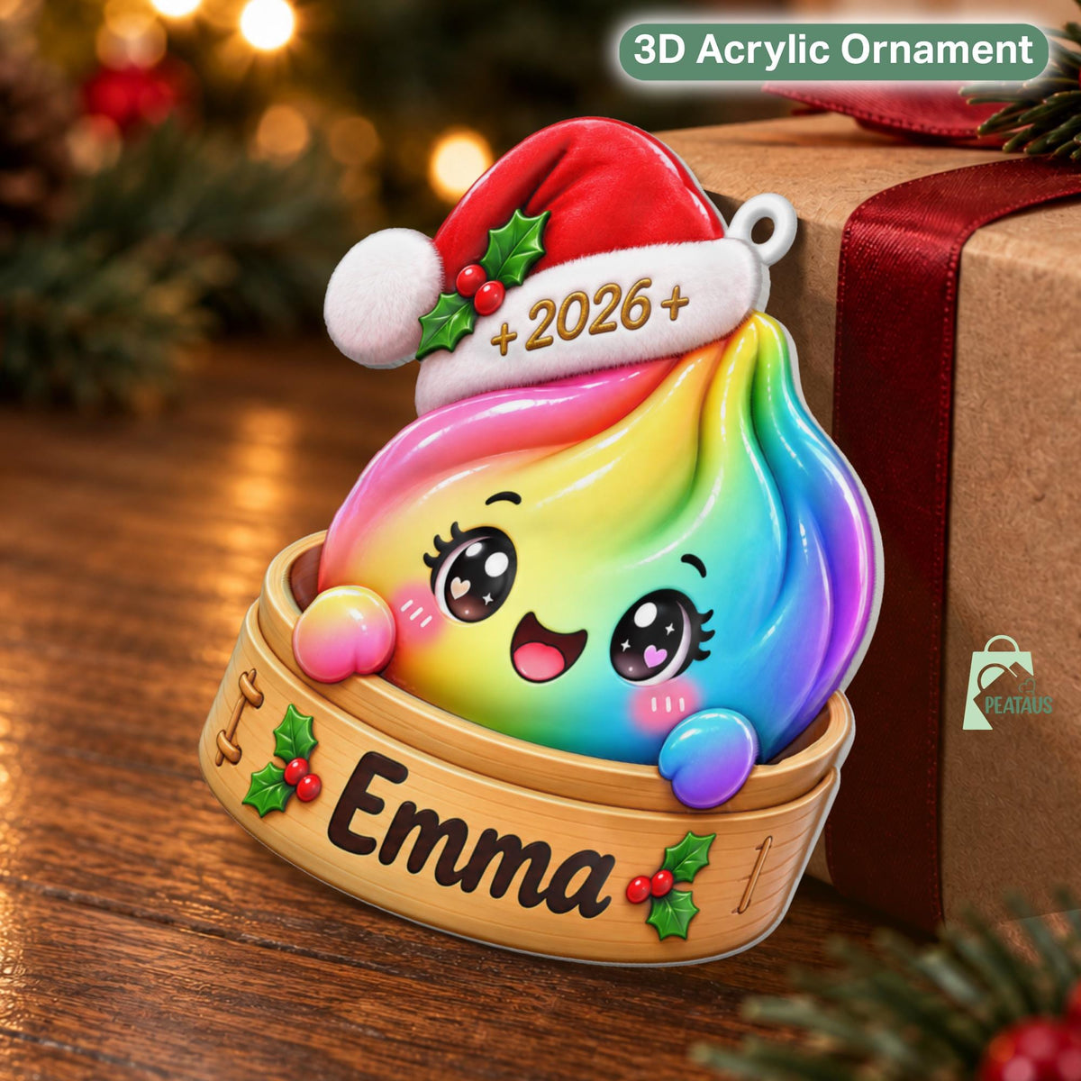 May include: A 3D acrylic ornament featuring a rainbow-colored character with large eyes sitting in a wooden steamer basket. The character wears a red Santa hat with the text 2026. The basket is personalized with the name Emma and holly accents.